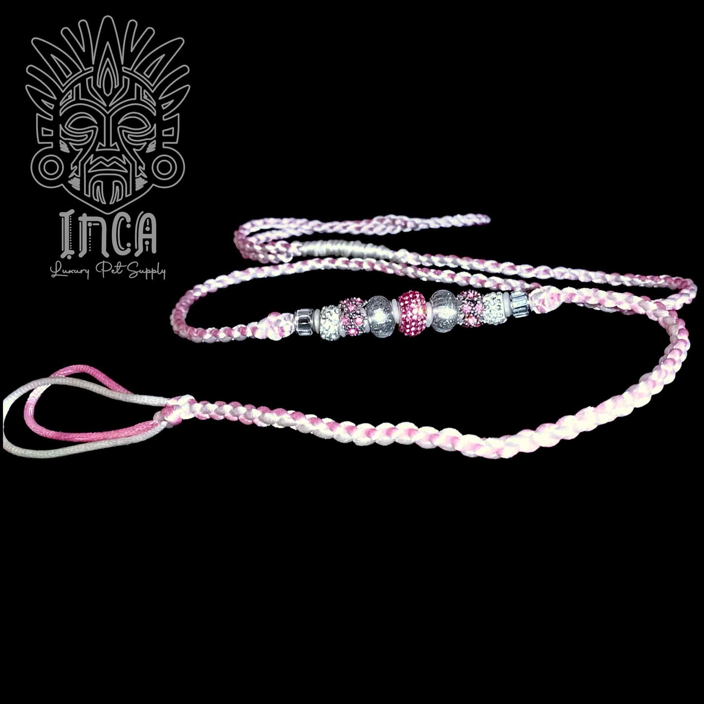 Guinzaglio da Show INCA LUXURY - In Raso Bianco e Rosa, con perle e asola per collare - 1 mt