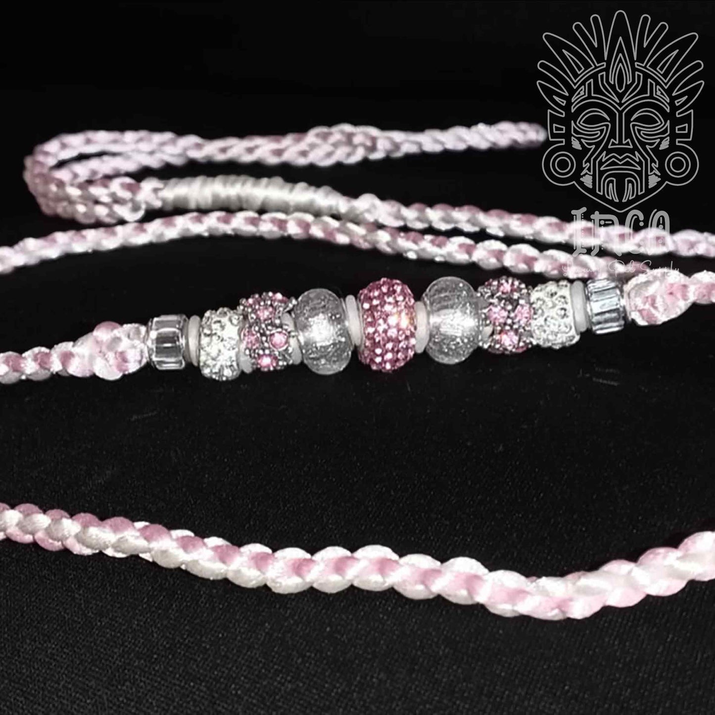 Guinzaglio da Show INCA LUXURY - In Raso Bianco e Rosa, con perle e asola per collare - 1 mt