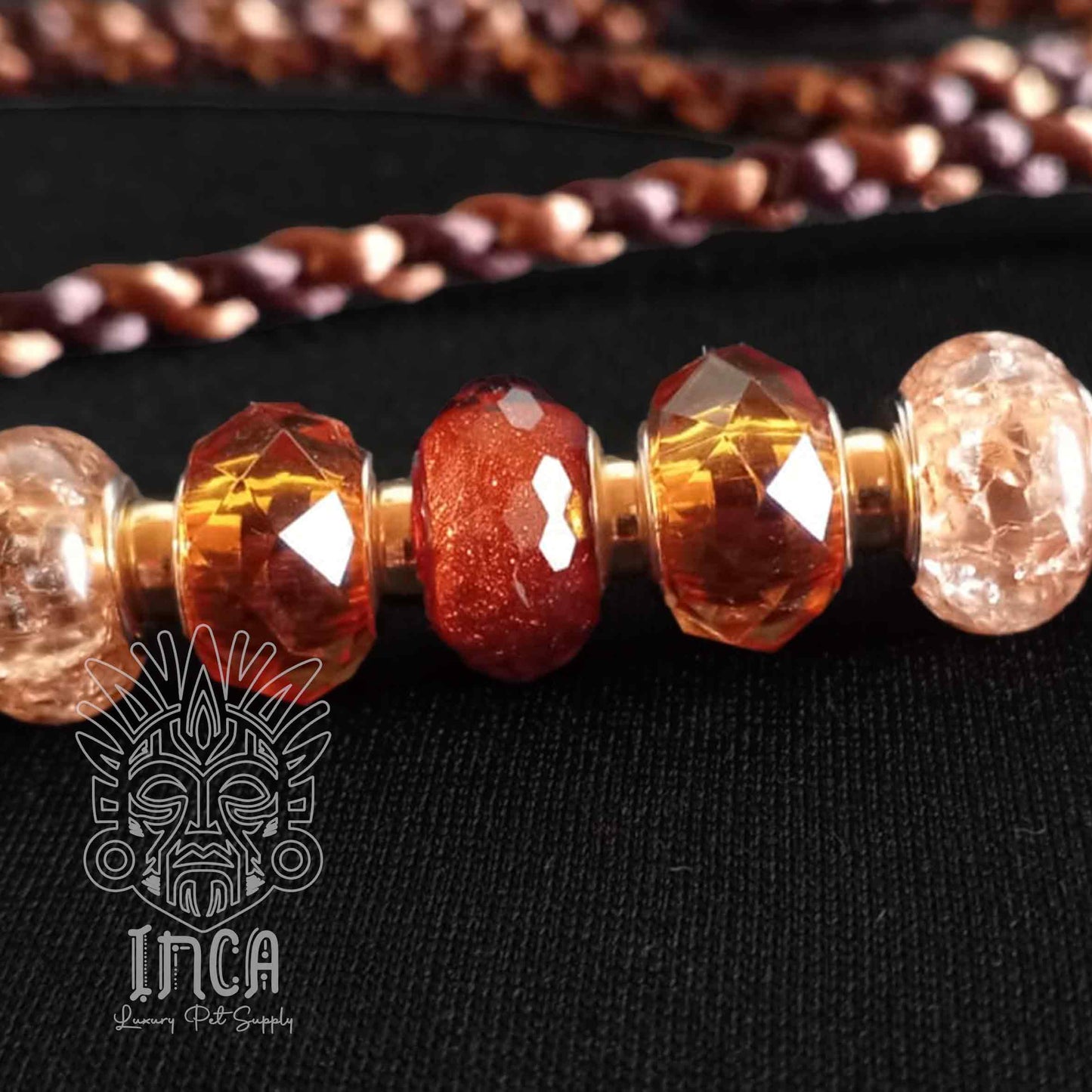 Guinzaglio da Show INCA LUXURY - In Raso Marrone e Bronzo, con perle e asola per collare - 1 mt