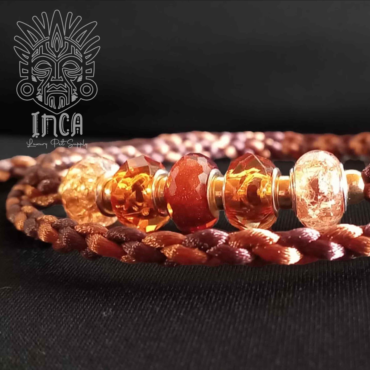 Guinzaglio da Show INCA LUXURY - In Raso Marrone e Bronzo, con perle e asola per collare - 1 mt