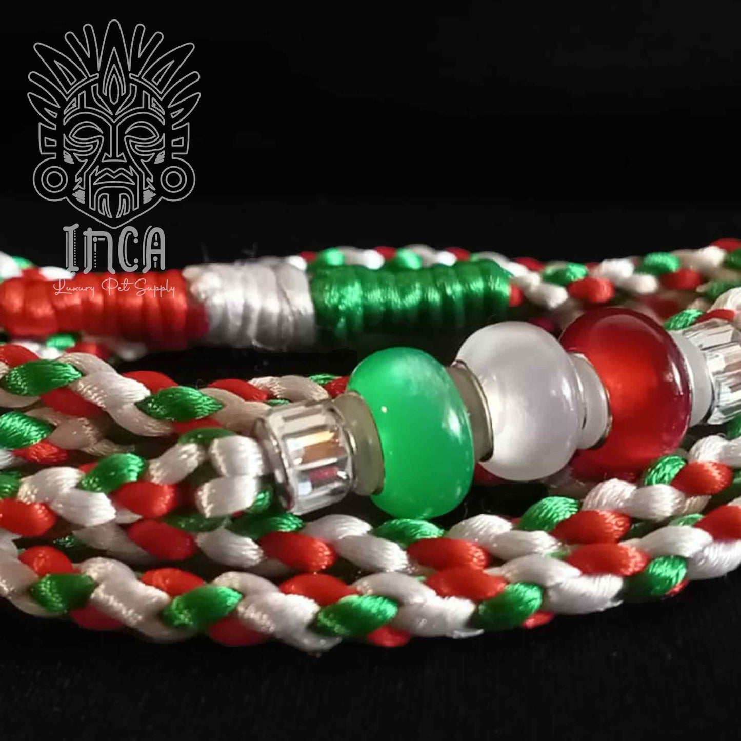 Guinzaglio da Show INCA LUXURY - Modello ITALY In Raso Tricolore, con perle e asola per collare - 120 cm