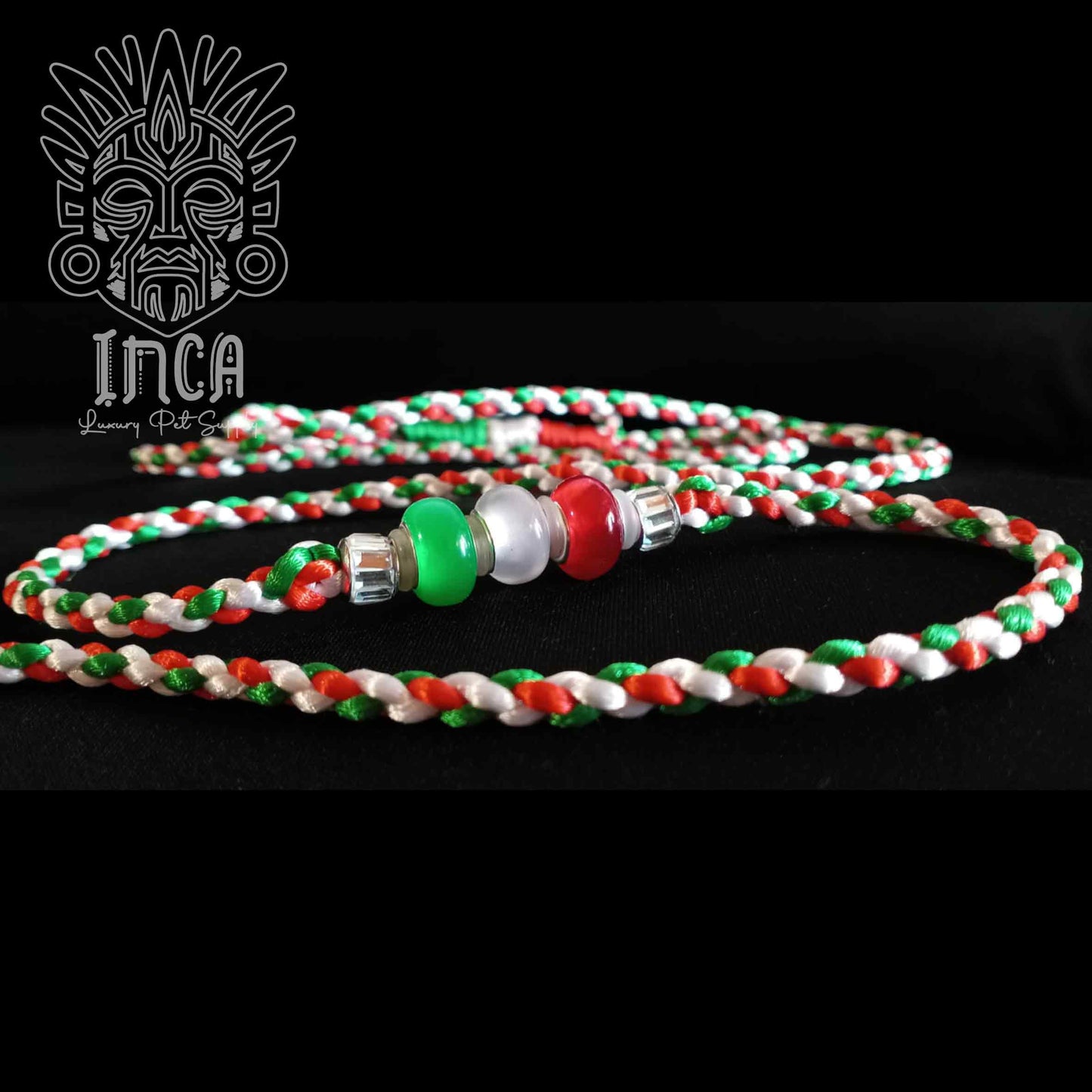 Guinzaglio da Show INCA LUXURY - Modello ITALY In Raso Tricolore, con perle e asola per collare - 120 cm