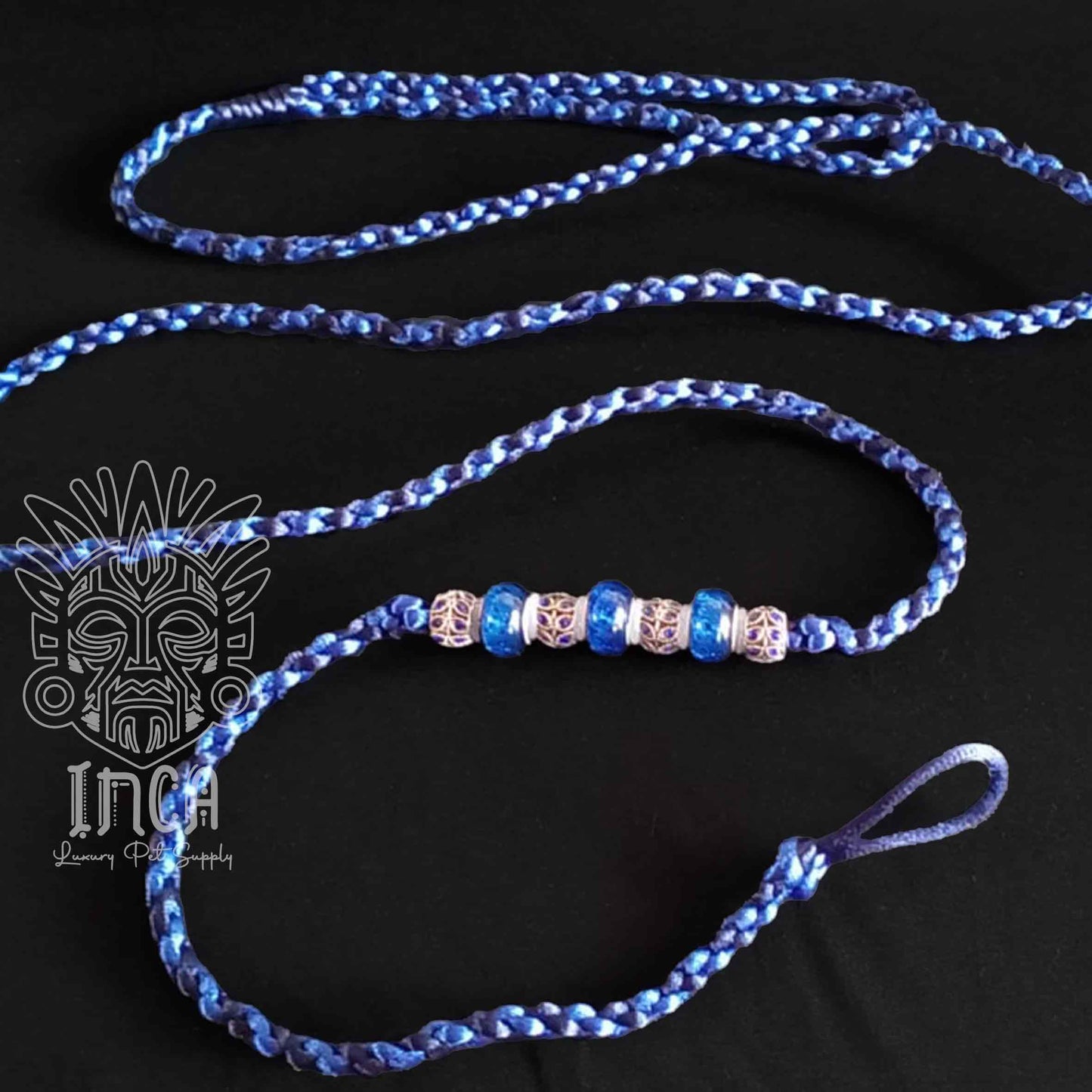 Guinzaglio da Show INCA LUXURY - In Raso Blue Royal e Blue Navy, con perle e asola per collare - 120 cm