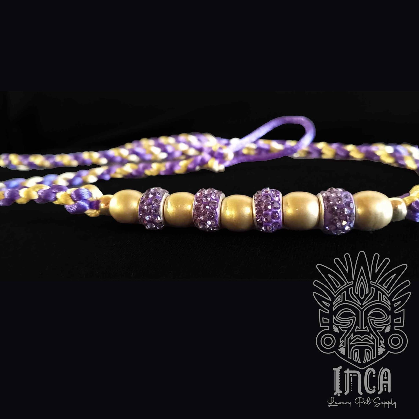 Guinzaglio da Show INCA LUXURY - In Raso Viola e Oro, con perle e asola per collare - 125 cm