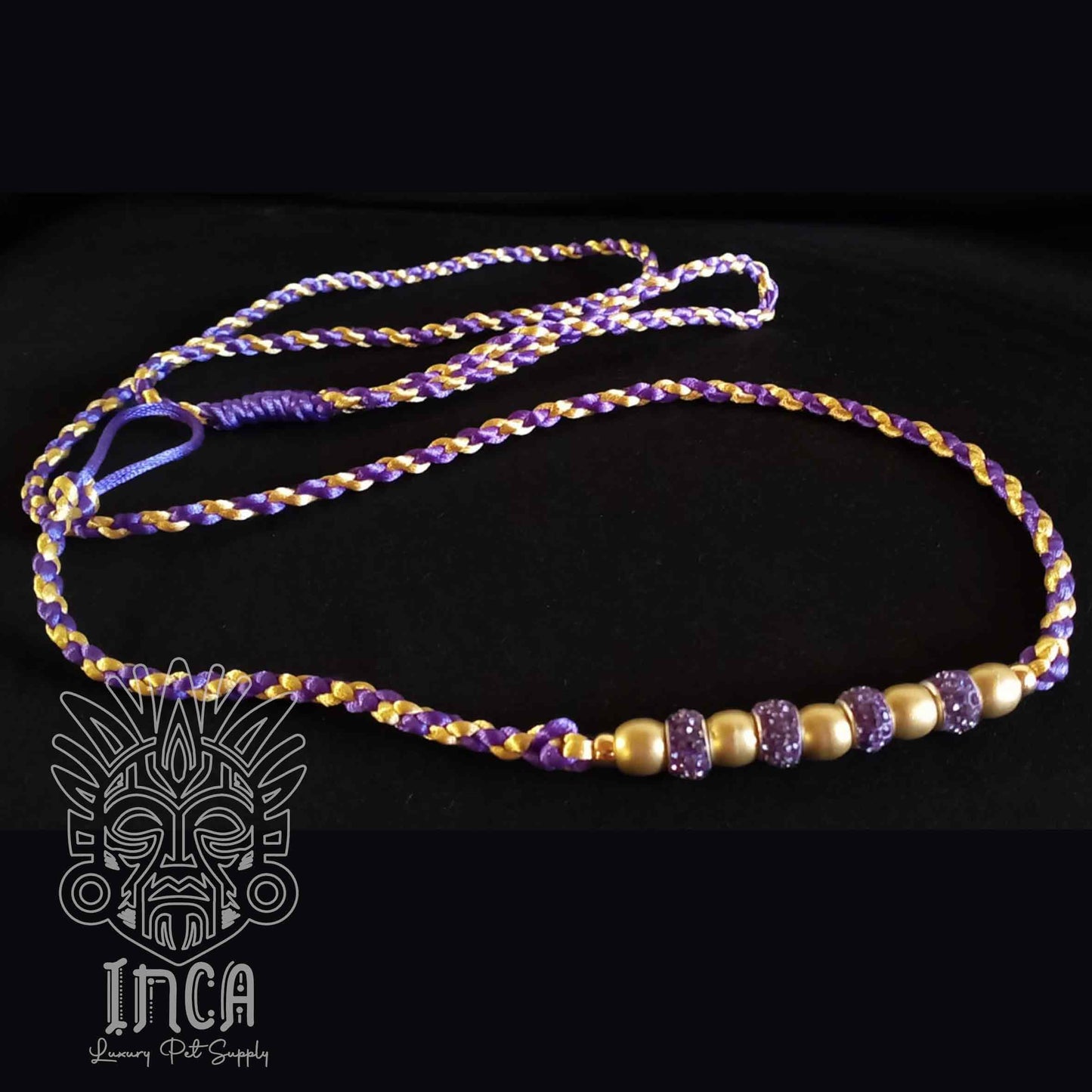 Guinzaglio da Show INCA LUXURY - In Raso Viola e Oro, con perle e asola per collare - 125 cm