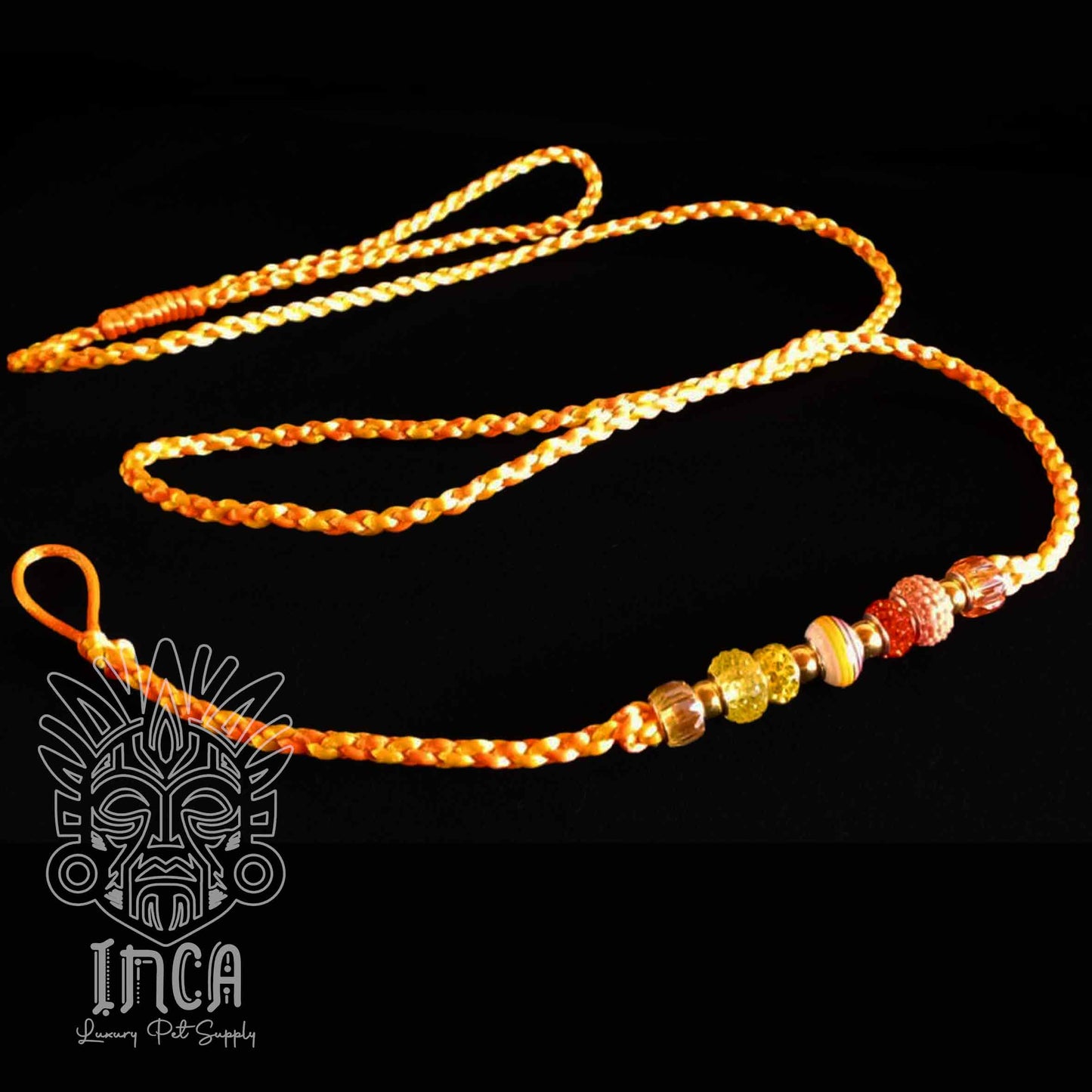 Guinzaglio da Show INCA LUXURY - In Raso Giallo e Arancio Fluo, con perle e asola per collare - 135 cm