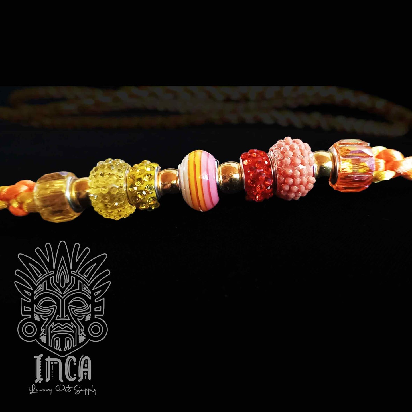 Guinzaglio da Show INCA LUXURY - In Raso Giallo e Arancio Fluo, con perle e asola per collare - 135 cm