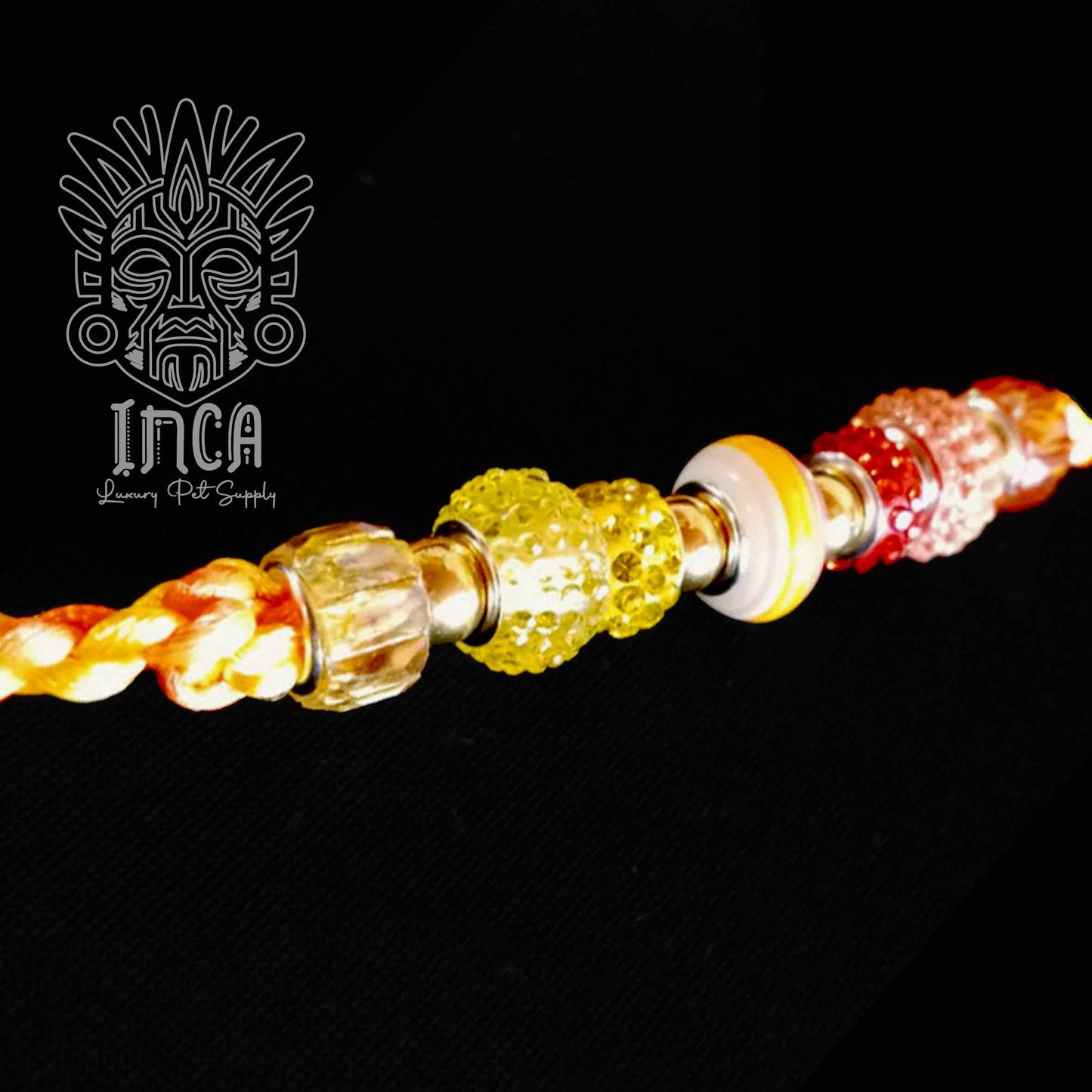 Guinzaglio da Show INCA LUXURY - In Raso Giallo e Arancio Fluo, con perle e asola per collare - 135 cm