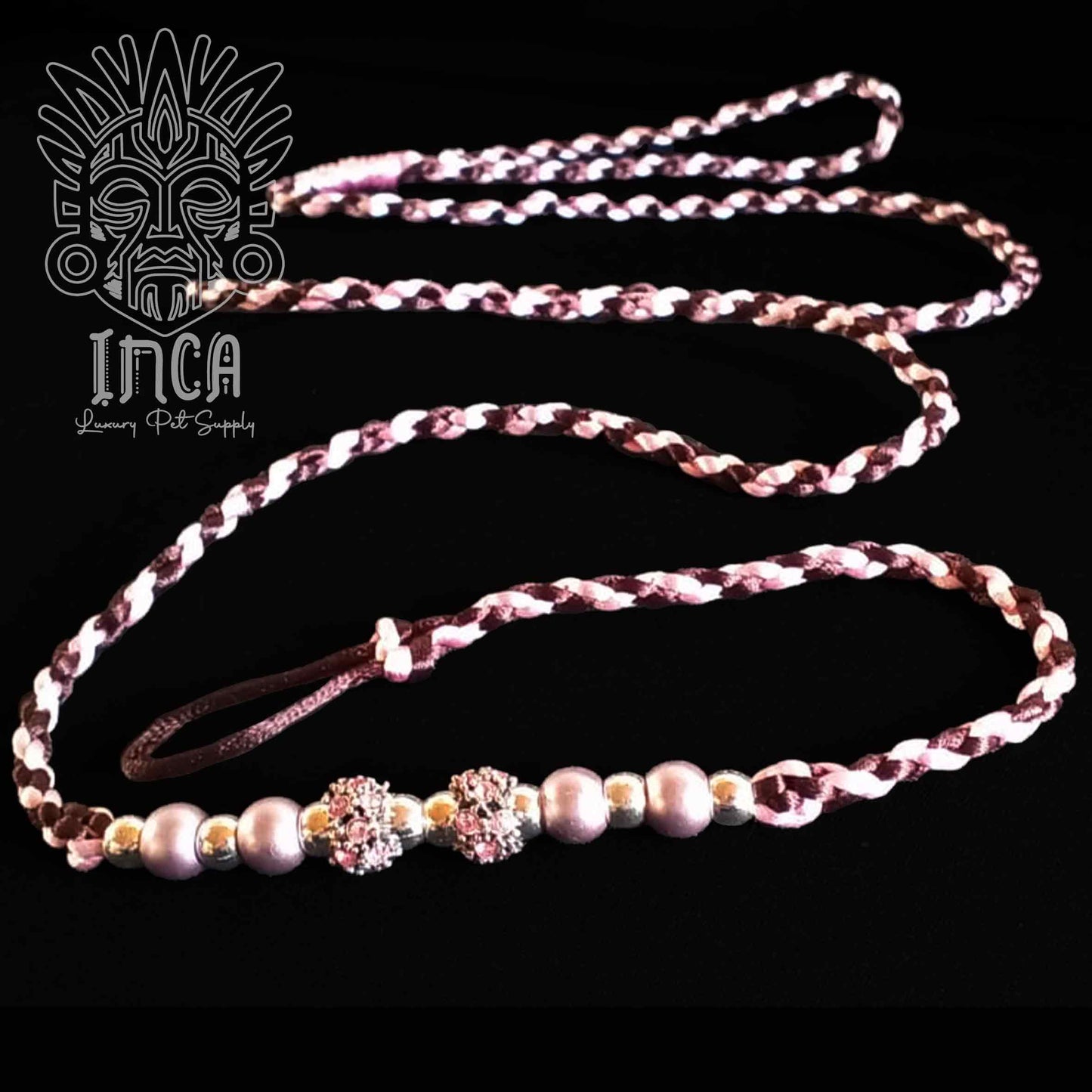 Guinzaglio da Show INCA LUXURY - In Raso Marrone Mocha e Baby Pink, con perle e asola per collare - 130 cm