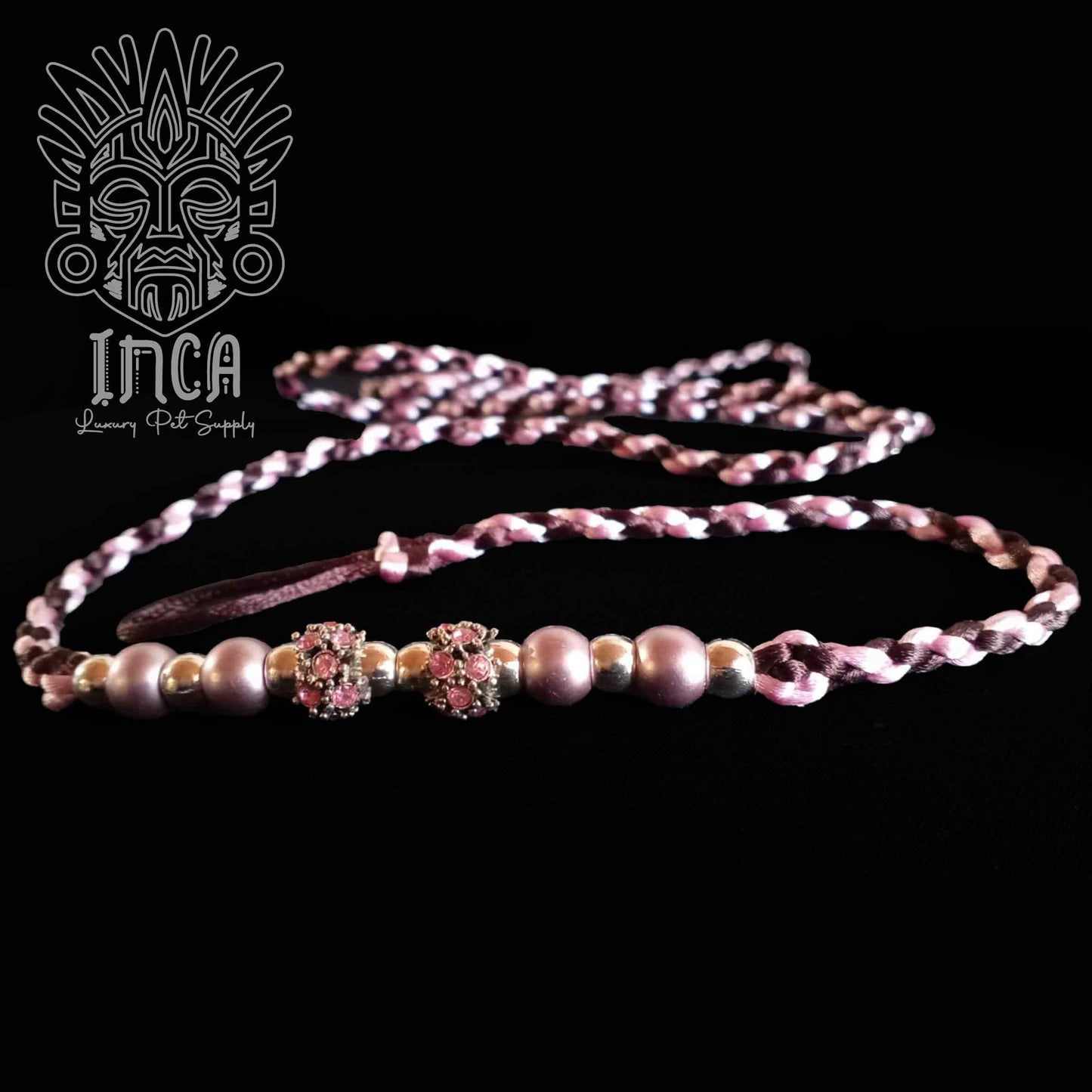 Guinzaglio da Show INCA LUXURY - In Raso Marrone Mocha e Baby Pink, con perle e asola per collare - 130 cm