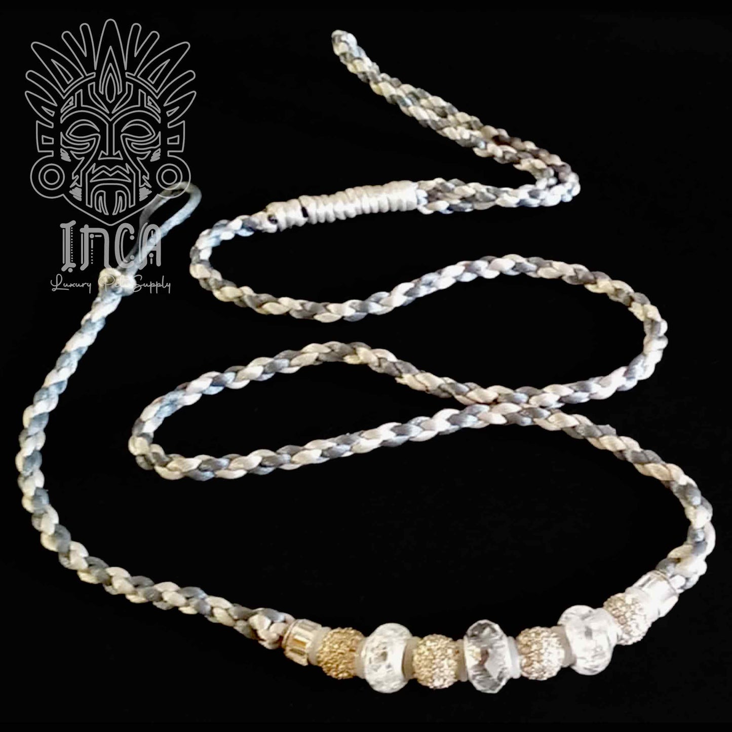 Guinzaglio da Show INCA LUXURY - In Raso Azzurro Acciaio e Argento, con perle e asola per collare - 1 mt