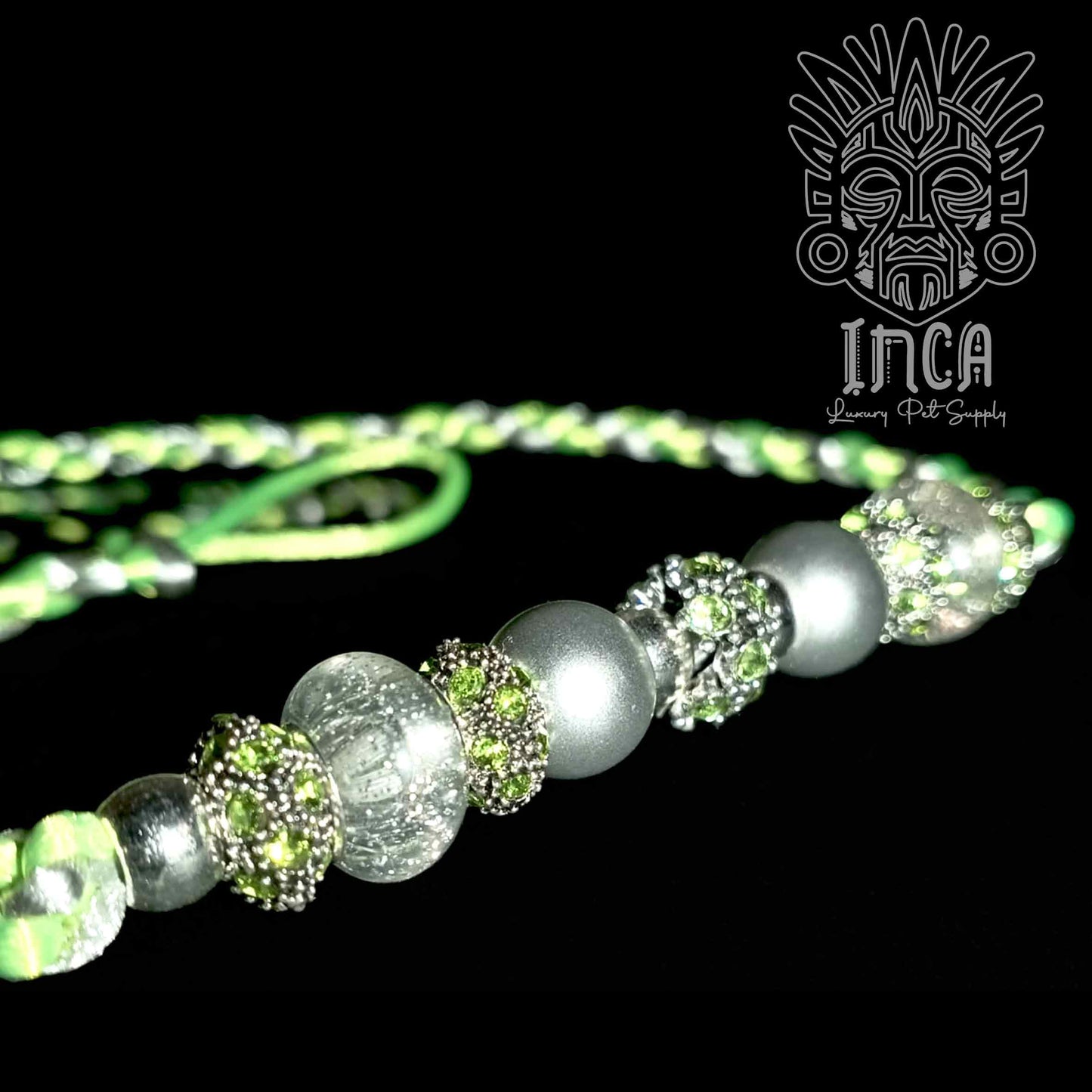 Guinzaglio da Show INCA LUXURY - In Raso Verde Neon e Argento, con perle e asola per collare - 140 cm