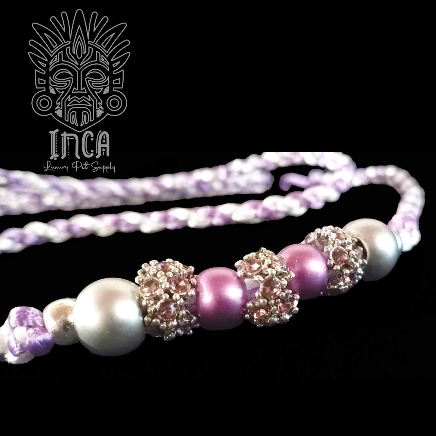 Guinzaglio da Show INCA LUXURY - In Raso Bianco e Lilla, con perle e asola per collare - 140 cm