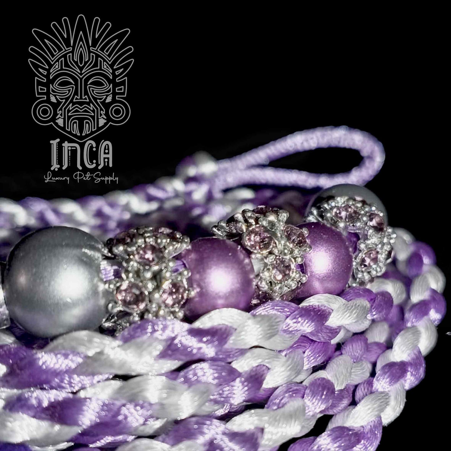 Guinzaglio da Show INCA LUXURY - In Raso Bianco e Lilla, con perle e asola per collare - 140 cm