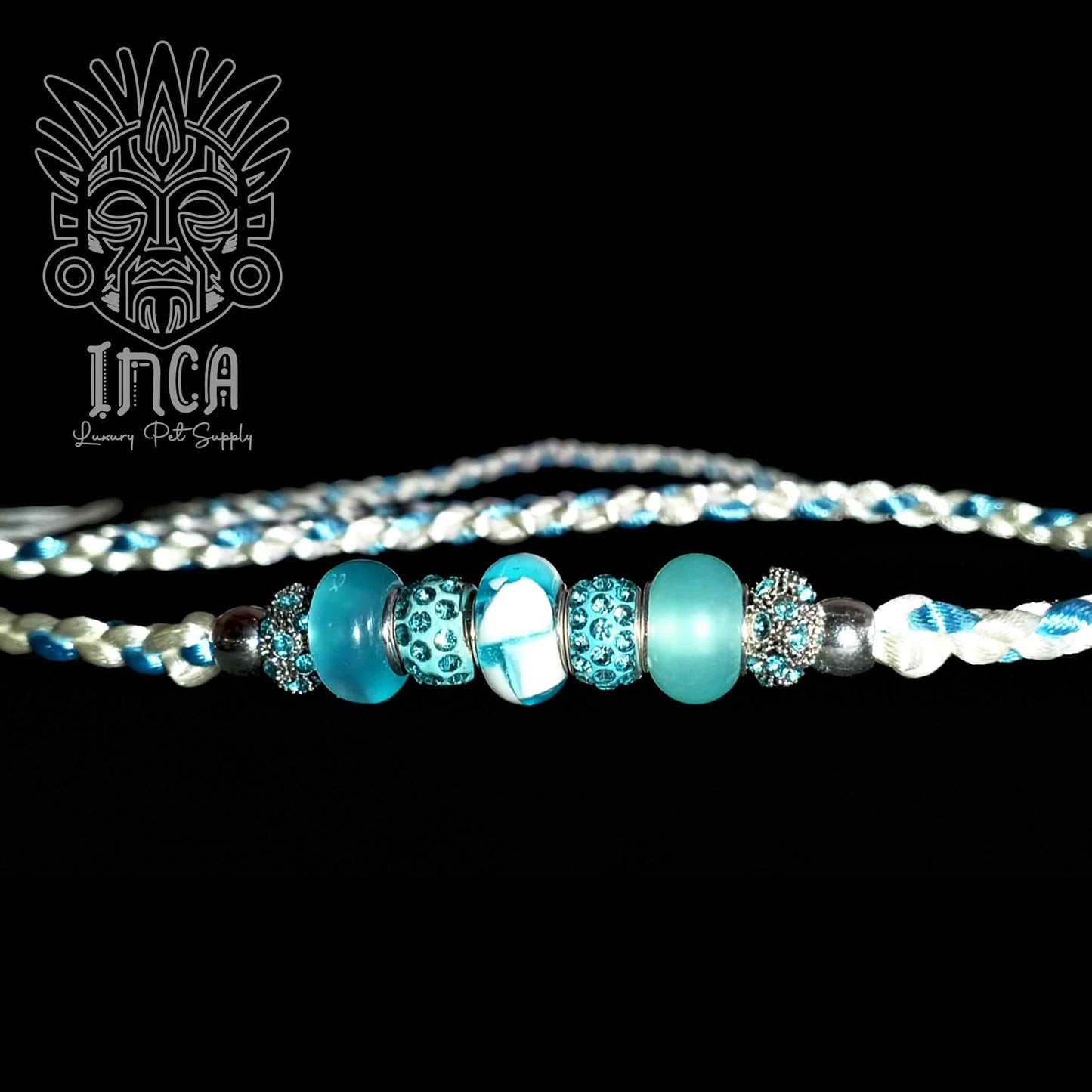 Guinzaglio da Show INCA LUXURY - In Raso Bianco e Azzurro, con perle e asola per collare - 135 cm
