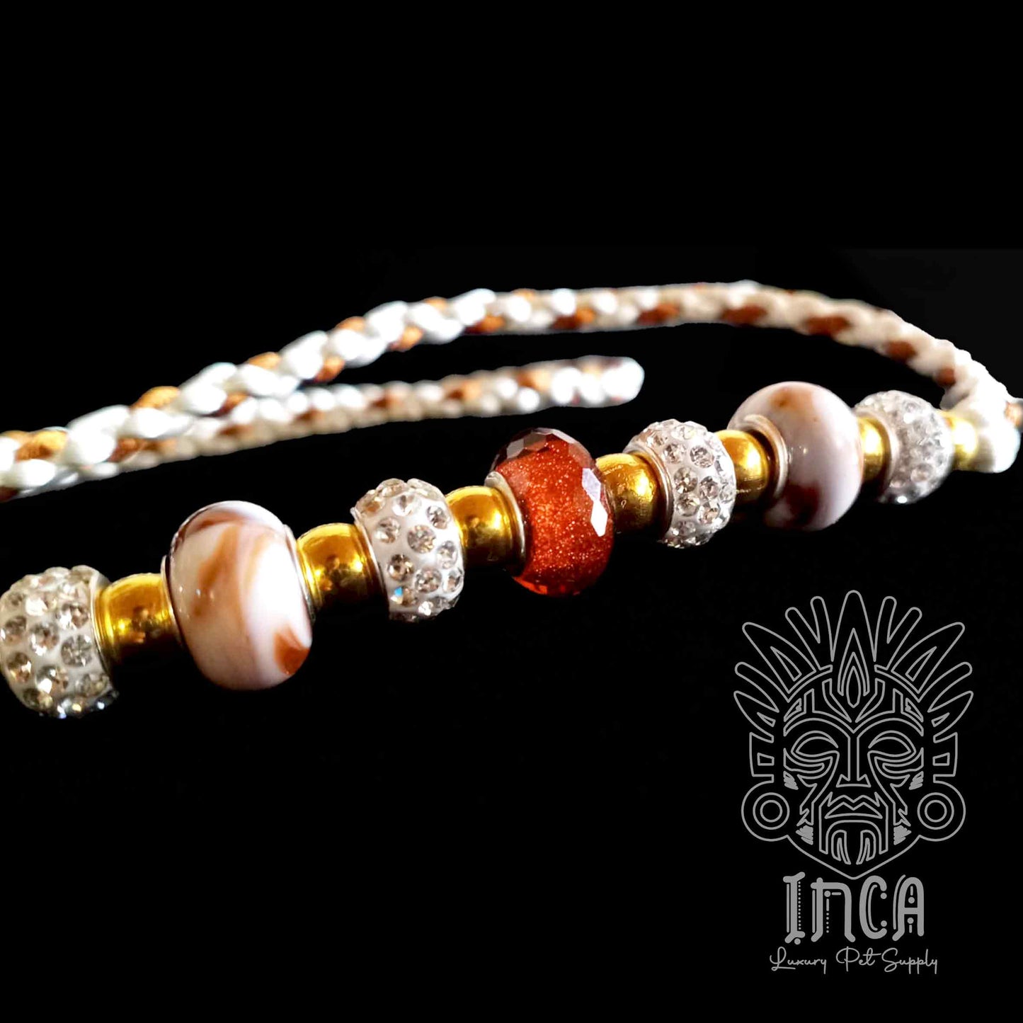 Guinzaglio da Show INCA LUXURY - In Raso Bianco e Bronzo, con perle e asola per collare - 140 cm