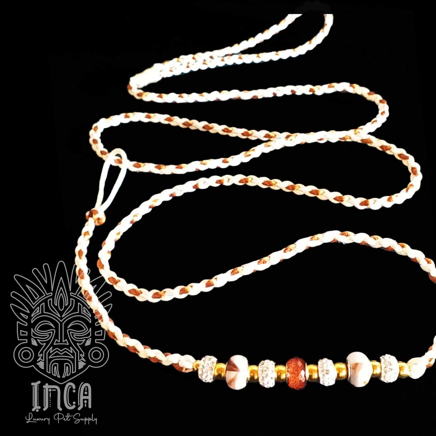 Guinzaglio da Show INCA LUXURY - In Raso Bianco e Bronzo, con perle e asola per collare - 140 cm