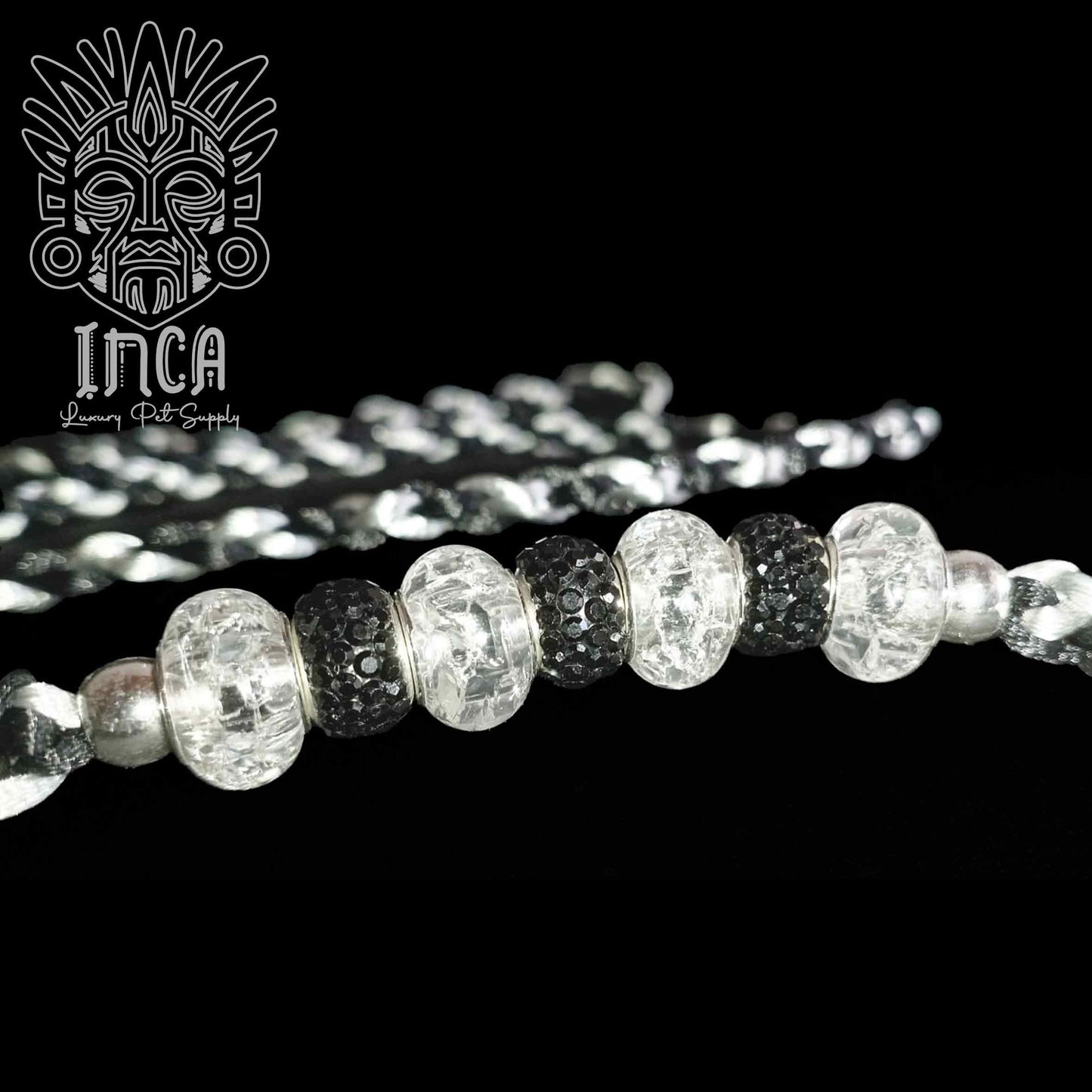 Guinzaglio da Show INCA LUXURY - In Raso Nero e Argento, con perle e collare piatto - 125 cm