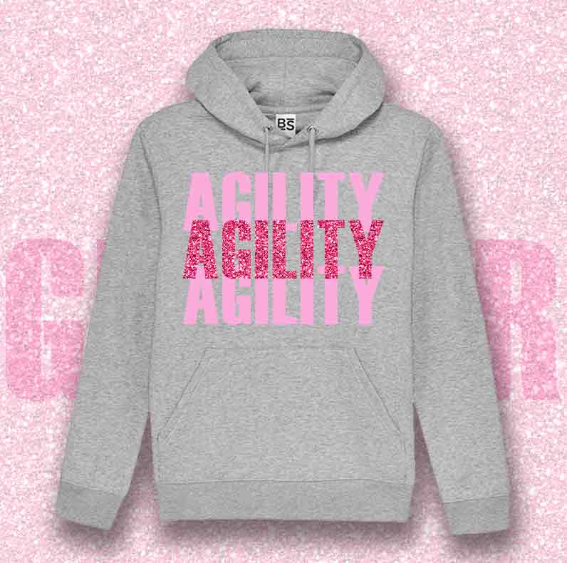 Felpa SOLO SCRITTE - AGILITY - Nera o Grigia, Scritta in Vinile GLITTER Ultra Brillante in colore a scelta - Unisex - dalla XS alla 3XL