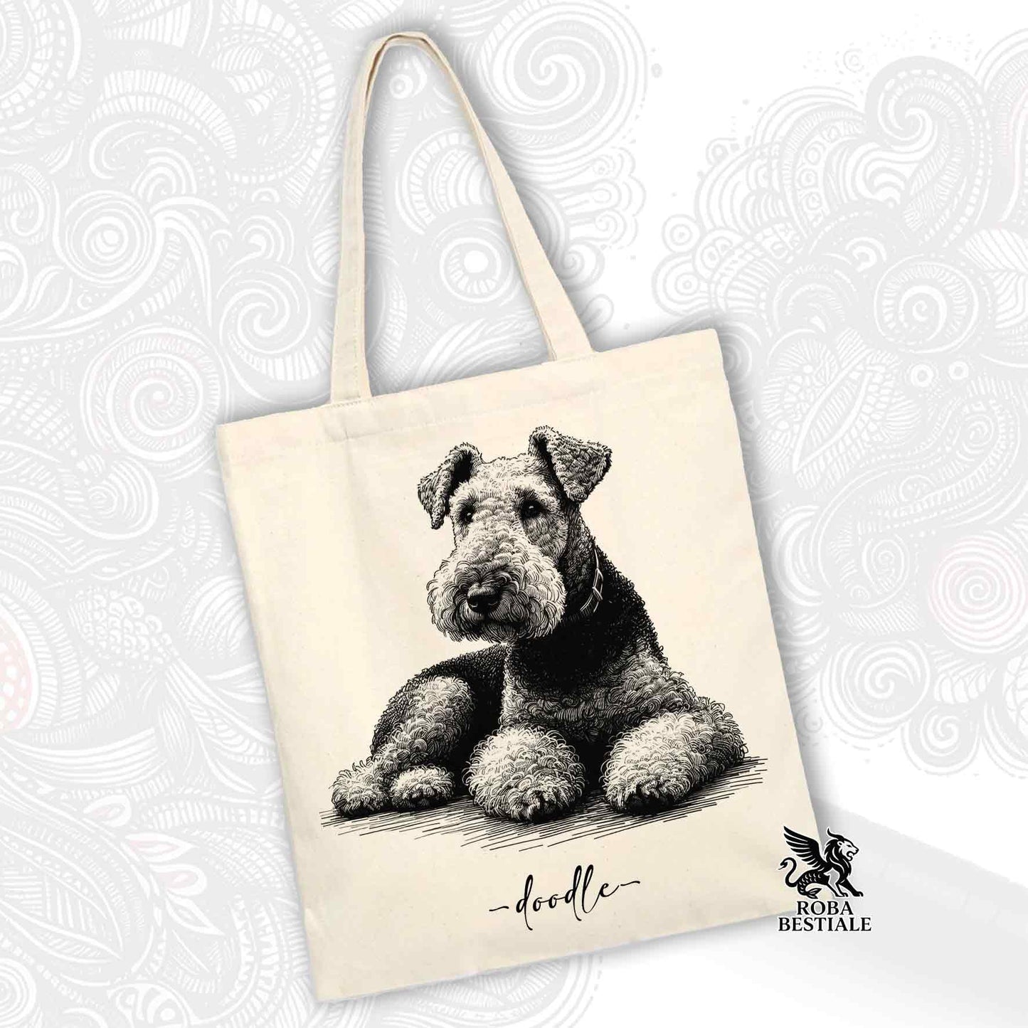 Tote Bag DOODLE Elegance - AIREDALE TERRIER - 100% Cotone - Bianca o Beige