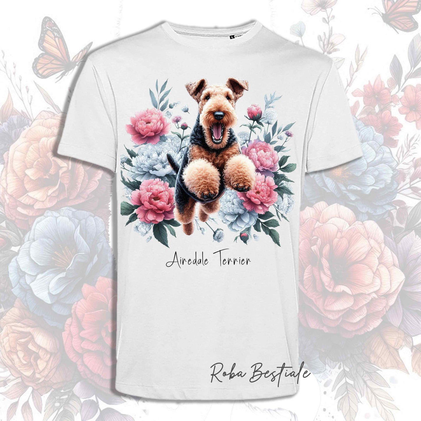 T-Shirt PEONY - AIREDALE TERRIER - Bianca o Beige, Uomo o Donna, dalla XS alla 5XL