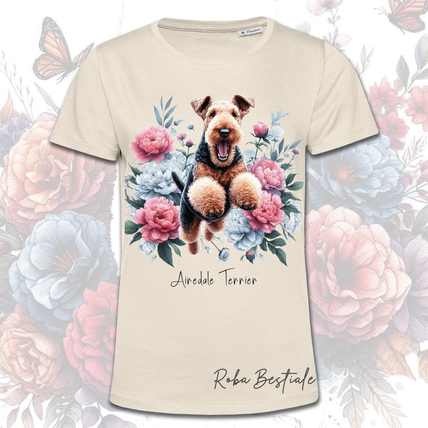 T-Shirt PEONY - AIREDALE TERRIER - Bianca o Beige, Uomo o Donna, dalla XS alla 5XL