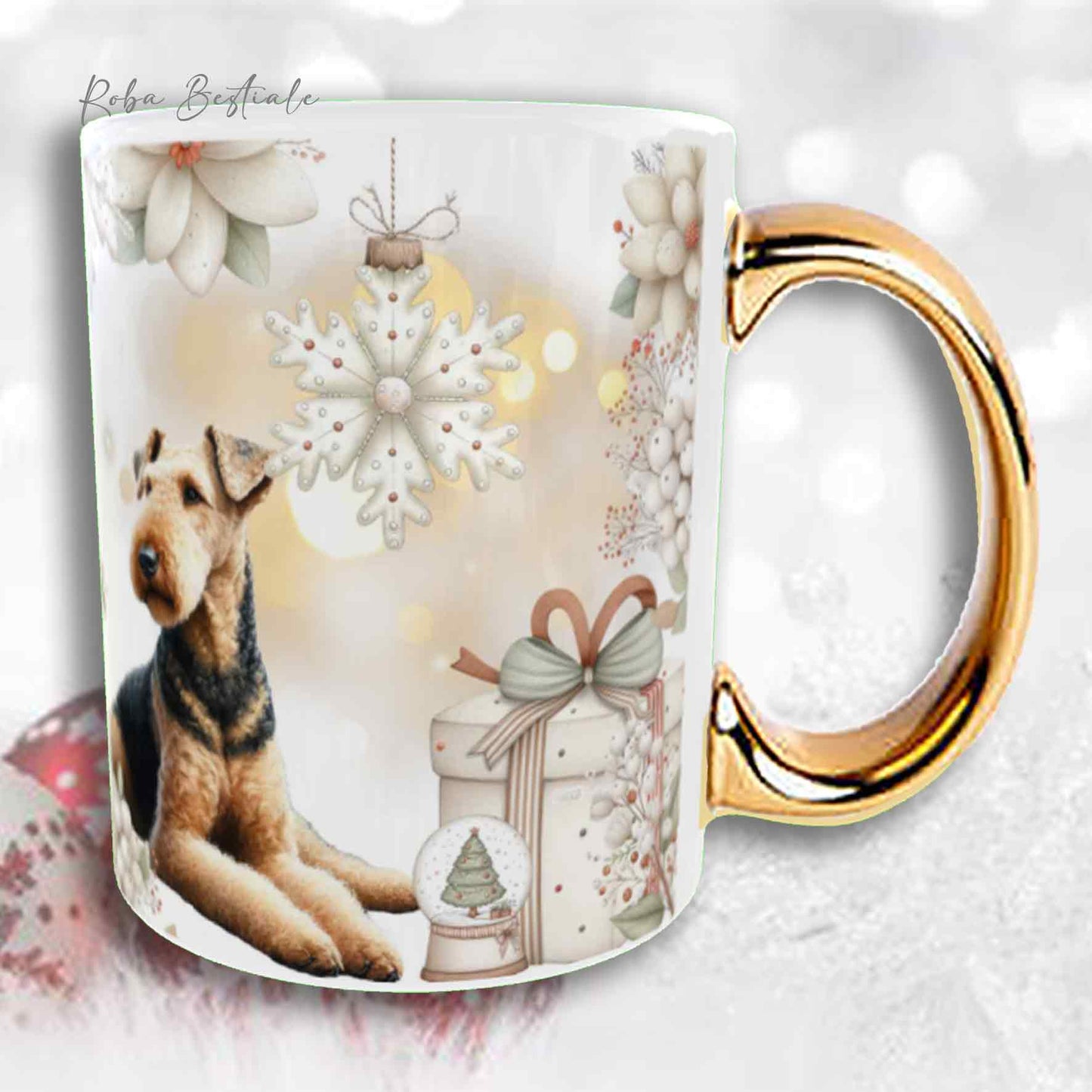 Tazza COZY WINTER - AIREDALE TERRIER - In Ceramica, con manico color Oro - 330 ml
