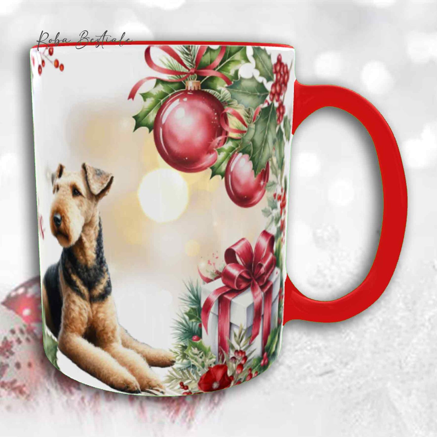 Tazza VINTAGE WINTER - AIREDALE TERRIER - In Ceramica, con dettagli ROSSI - 330 ml