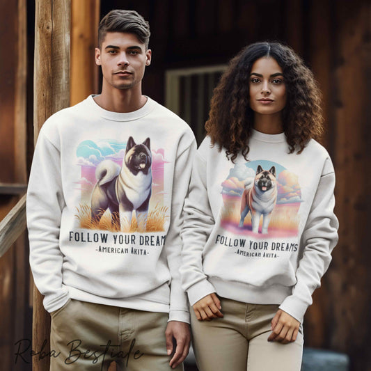 QUOTES "DREAM" Sweatshirt - AMERICAN AKITA White Fawn - Crew Neck, Unisex - Off White, White or Grey - XS to 3XL