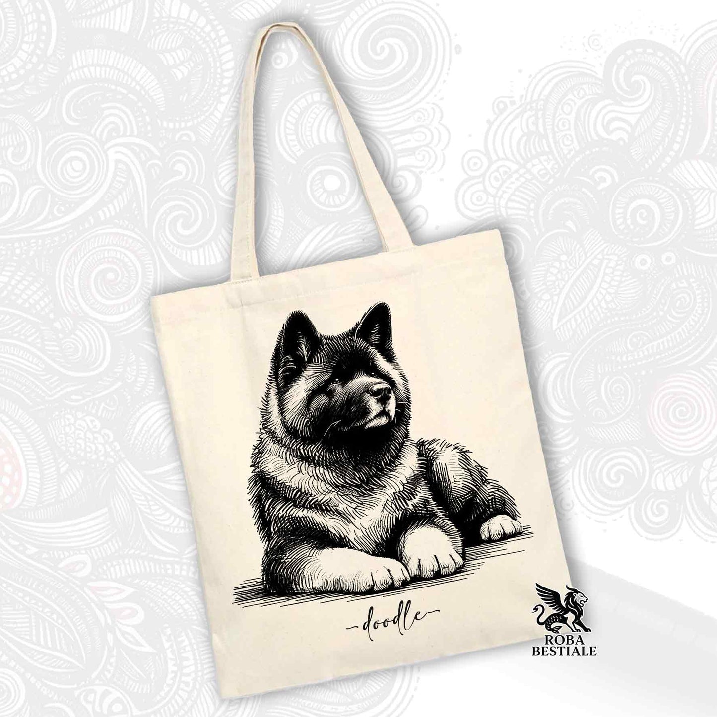 Tote Bag DOODLE Elegance - AMERICAN AKITA - 100% Cotton - White or Beige