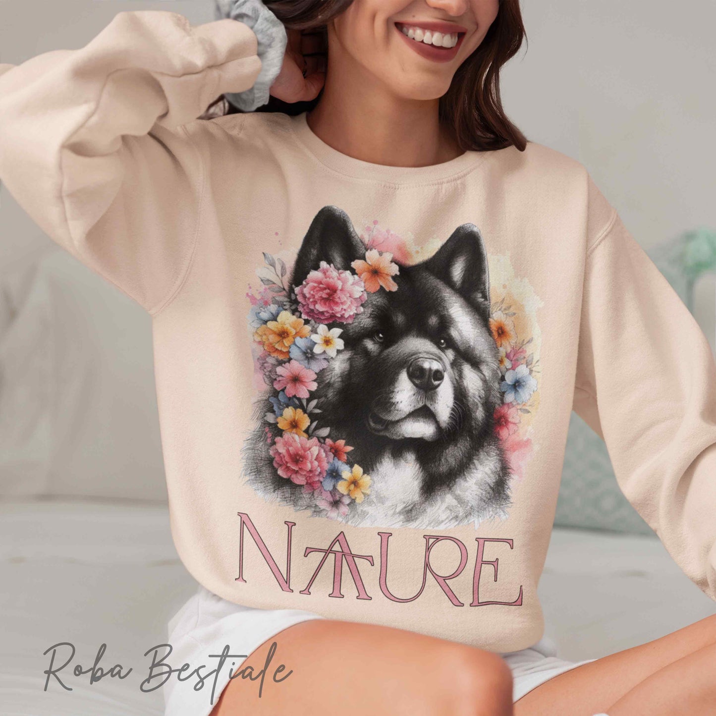 Felpa NATURE - AKITA AMERICANO - Girocollo, Unisex - Off White, Bianca o Grigia - dalla XS alla 3XL
