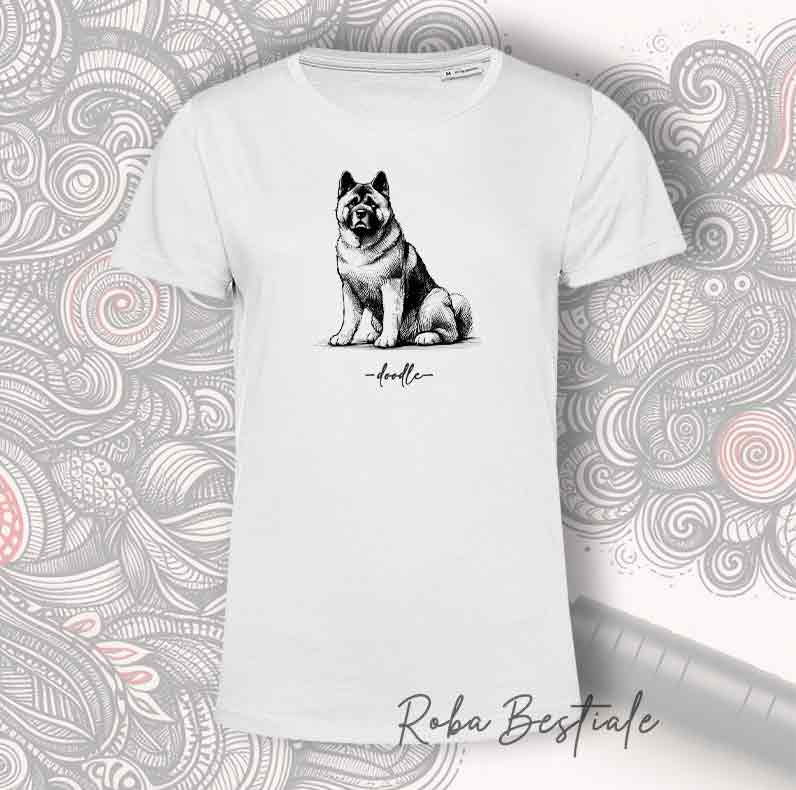T-Shirt DOODLE - AKITA AMERICANO - 100% Cotone, Bianca, Uomo o Donna - dalla XS alla 5XL