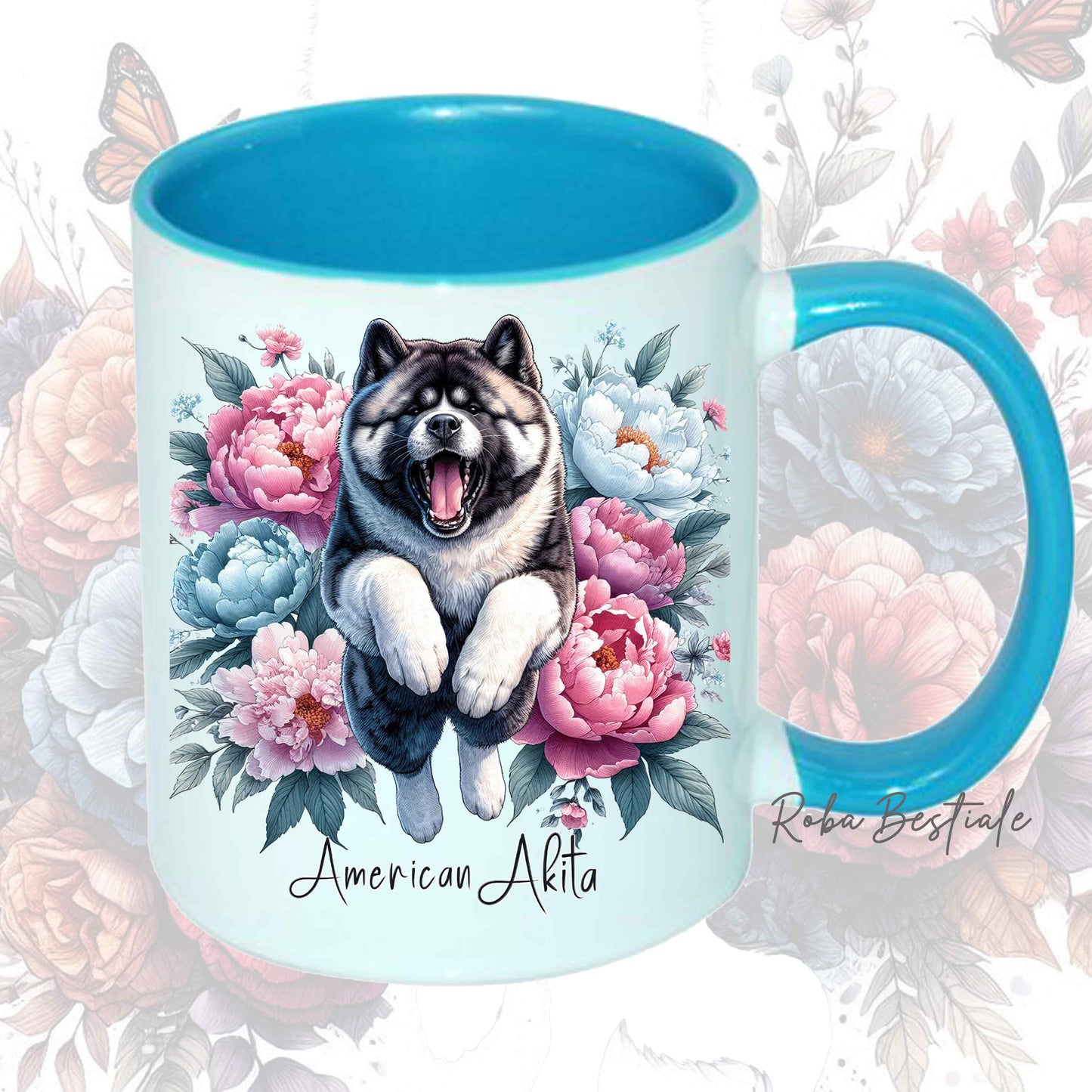 Tazza PEONY - AKITA AMERICANO - In Ceramica, con manico e interno colorato - 330 ml