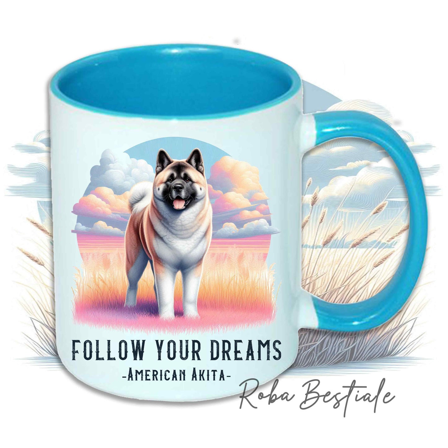 Tazza QUOTES "DREAM" - AKITA AMERICANO Bianco Fulvo - In Ceramica, con manico e interno in diversi colori - 330 ml