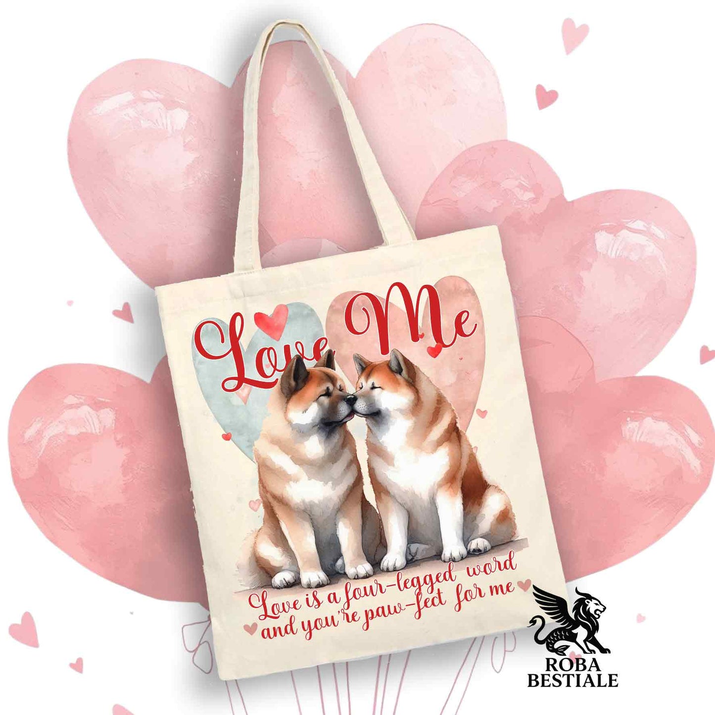 Tote Bag LOVE ME - AKITA AMERICANO Bianco Fulvo - 100% Cotone - Bianca o Beige