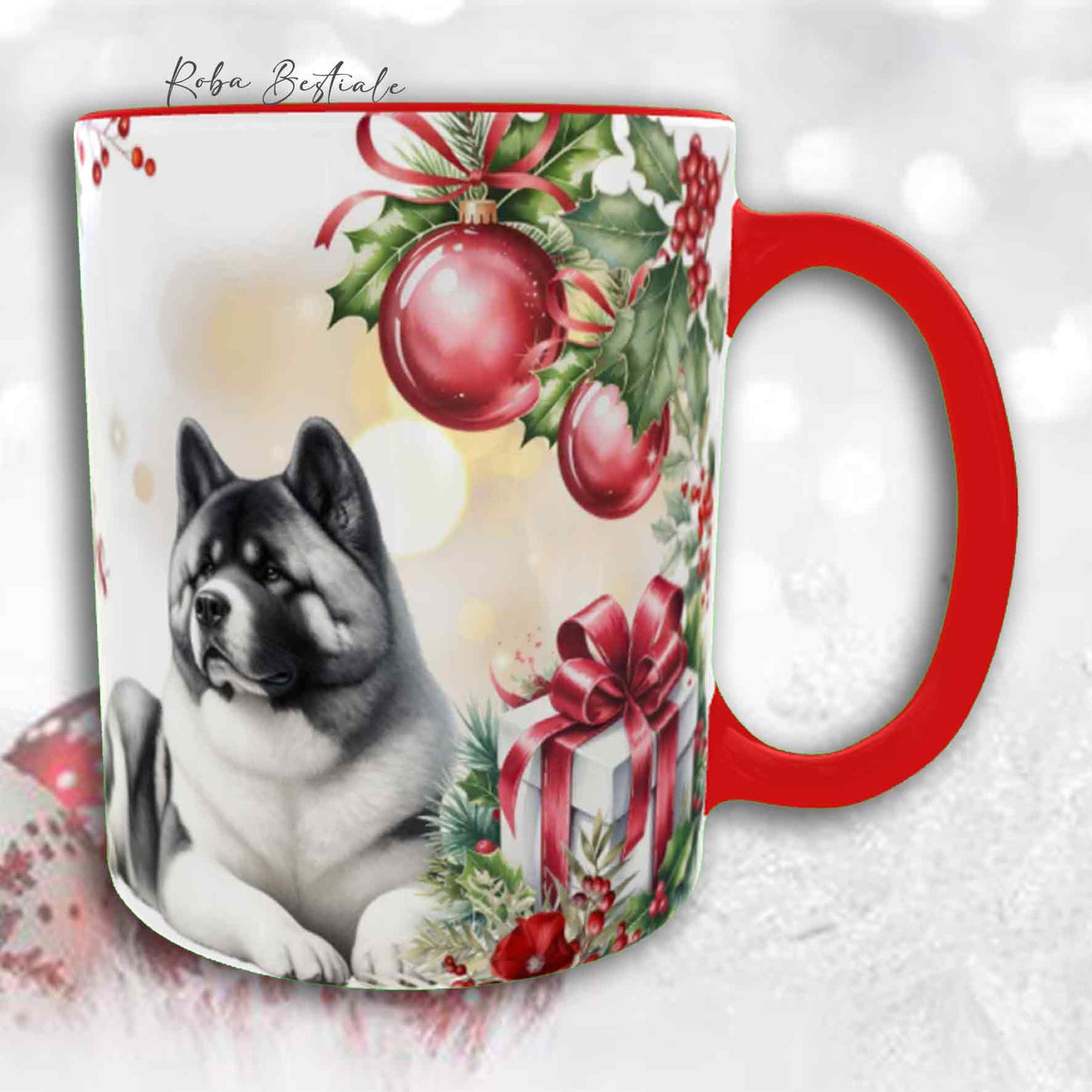 Tazza VINTAGE WINTER - AKITA AMERICANO Bianco e Grigio - In Ceramica, con dettagli ROSSI - 330 ml