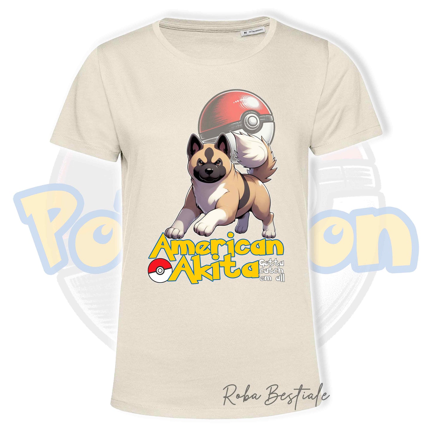 T-Shirt POKEMON - AKITA AMERICANO Fulvo Zibellino - Bianca o Beige, da Uomo o da Donna - dalla XS alla 5XL