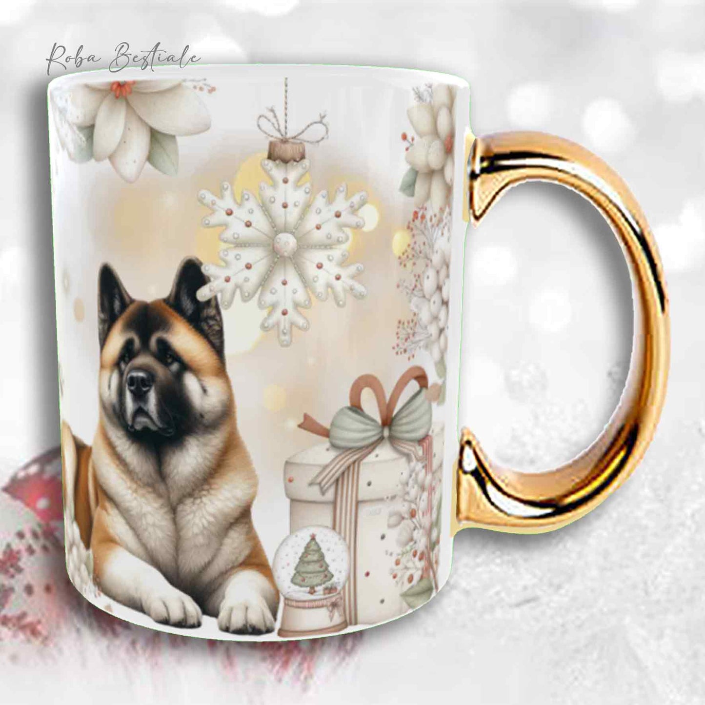 Tazza COZY WINTER - AKITA AMERICANO Fulvo - In Ceramica, con manico color Oro - 330 ml