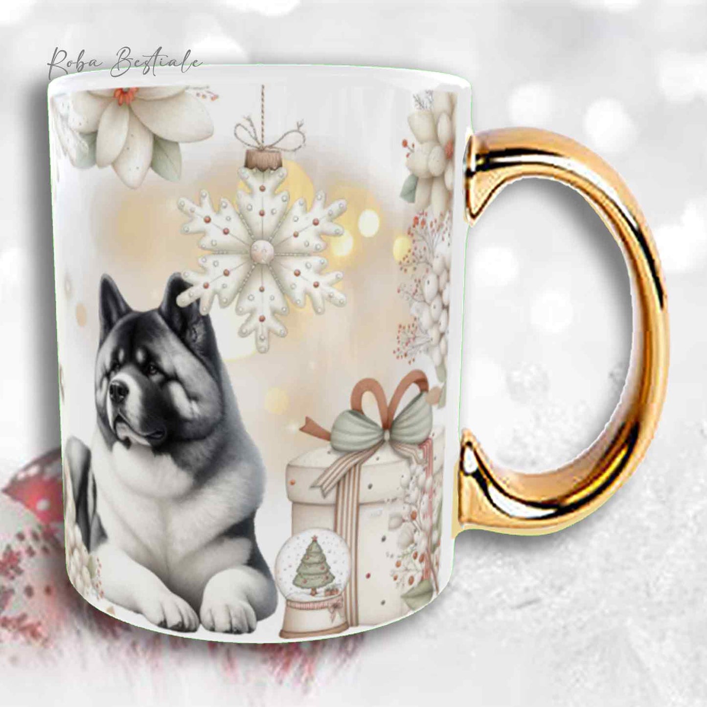 Tazza COZY WINTER - AKITA AMERICANO Bianco e Grigio - In Ceramica, con manico color Oro - 330 ml