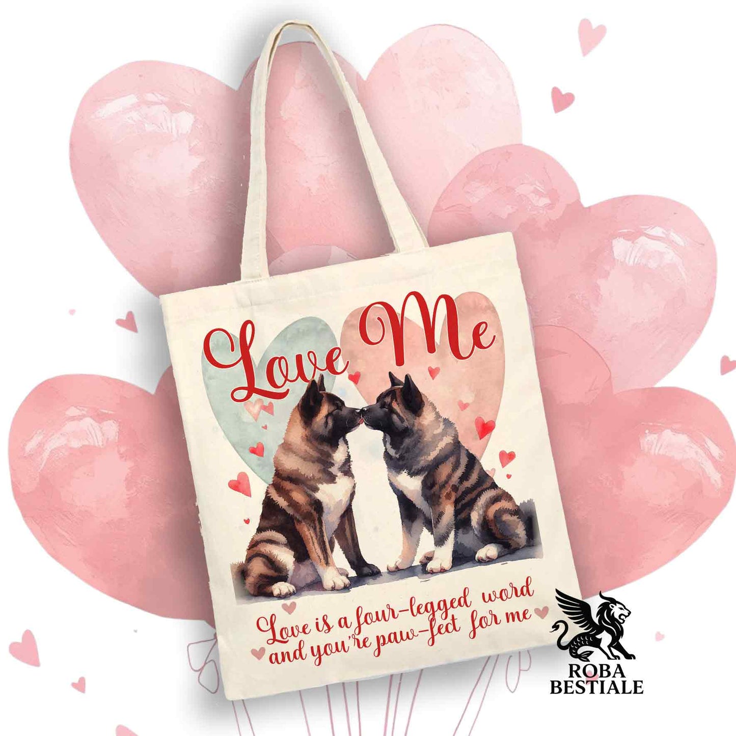 Tote Bag LOVE ME - AKITA AMERICANO Tigrato - 100% Cotone - Bianca o Beige