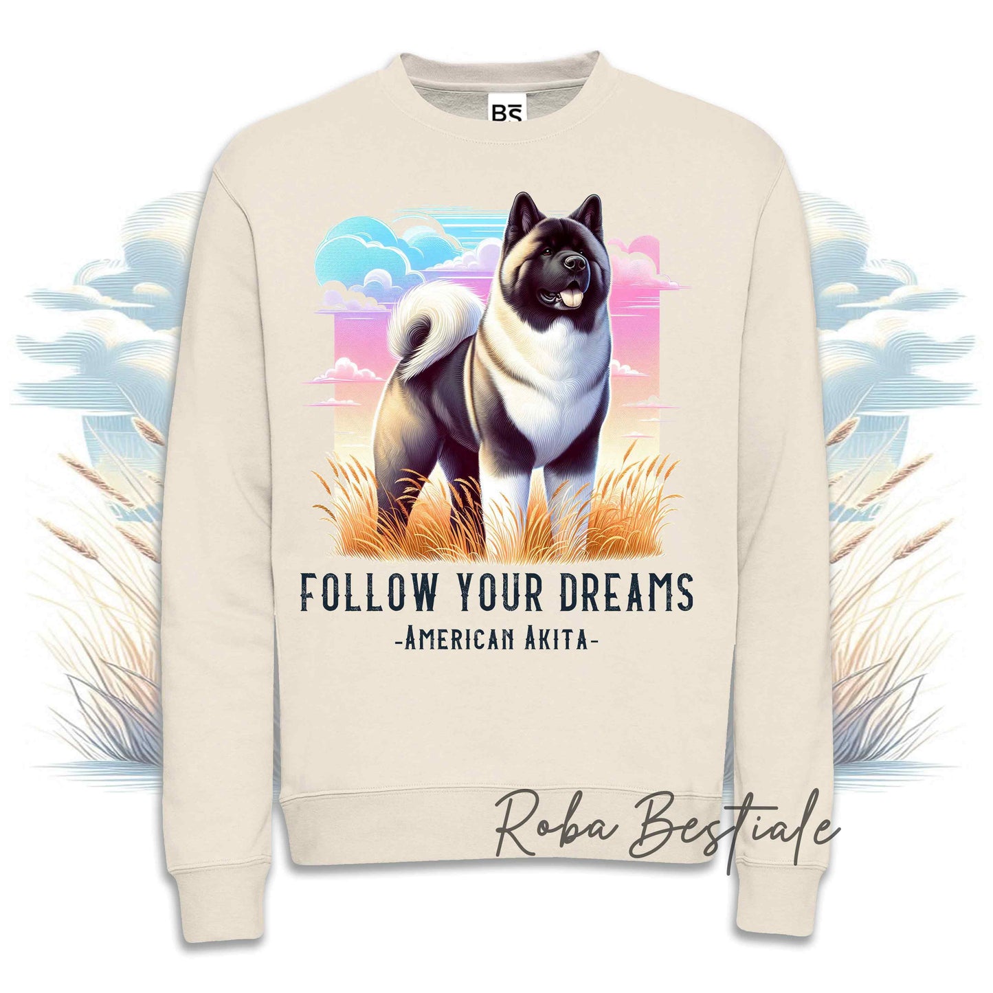 Felpa QUOTES "DREAM" - AKITA AMERICANO Zibellino - Girocollo, Unisex - Off White, Bianca o Grigia - dalla XS alla 3XL
