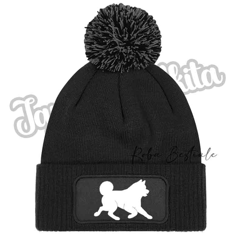 Beanie AKITA INU - Cappellino Invernale con Pon Pon - NERO, BLUE NAVY o GRIGIO - Silhouette in colore a scelta