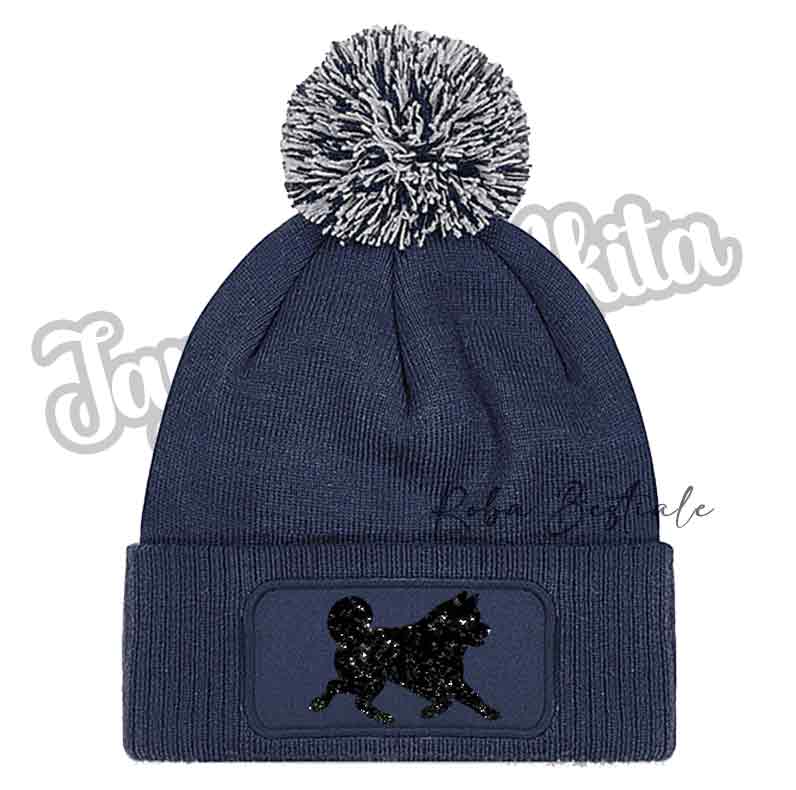Beanie AKITA INU - Cappellino Invernale con Pon Pon - NERO, BLUE NAVY o GRIGIO - Silhouette in colore a scelta