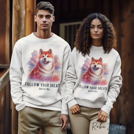 QUOTES "DREAM" Winter Sweatshirt - Akita Inu Red - Crew Neck, Unisex - Off White, White or Grey - XS to 3XL