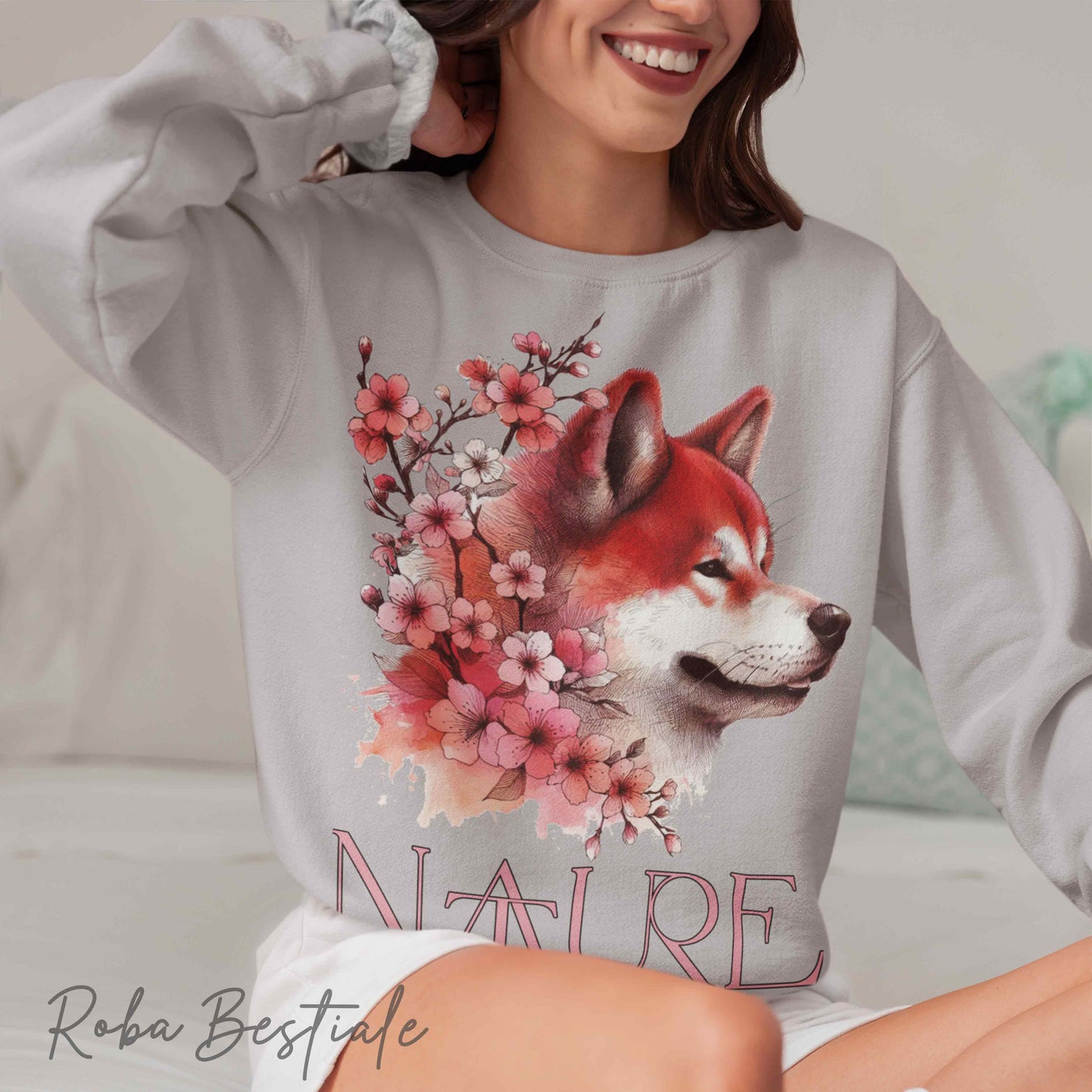 Felpa NATURE - AKITA INU Rosso - Girocollo, Unisex - Off White, Bianca o Grigia - dalla XS alla 3XL