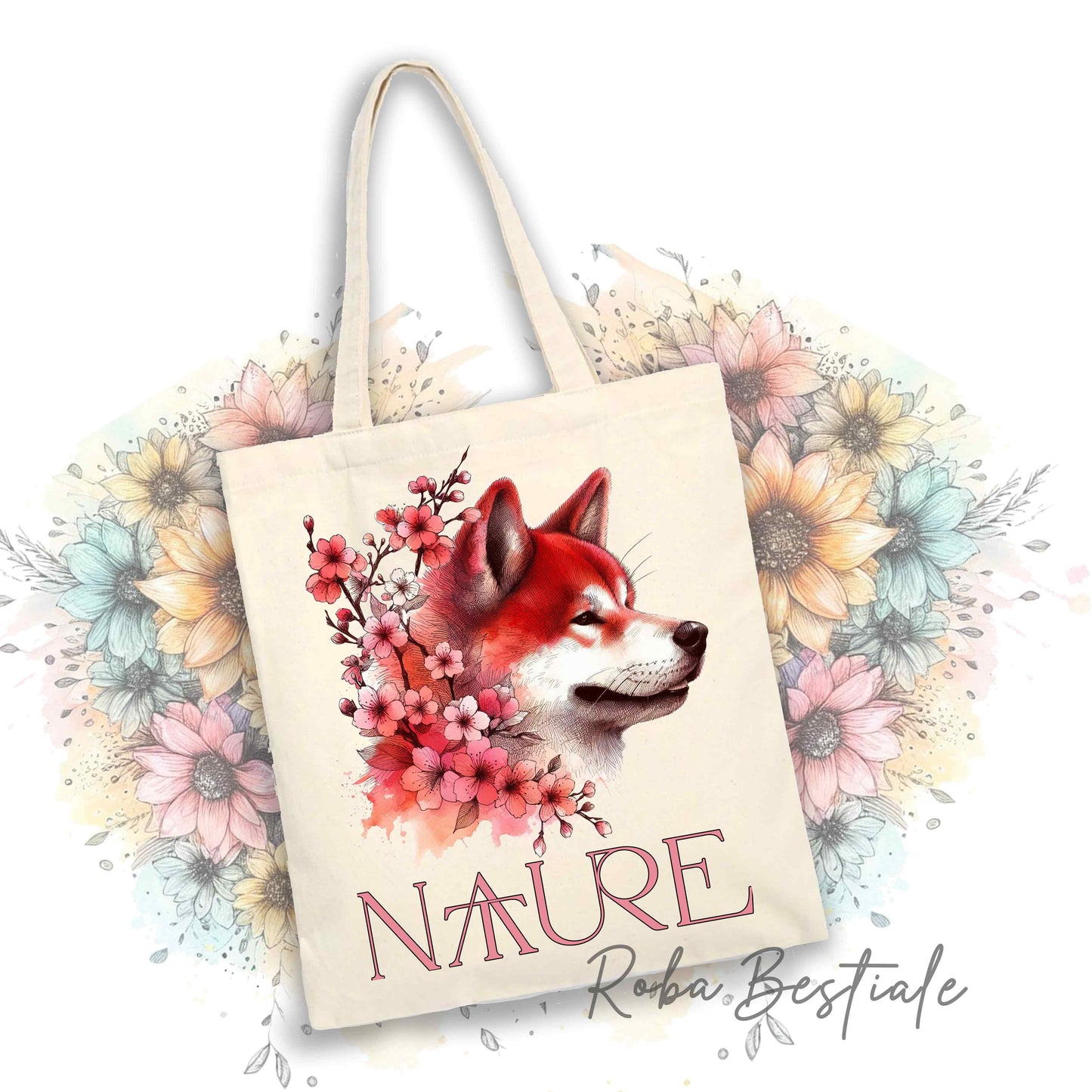 Shopper NATURE - AKITA INU Rosso - Diversi colori disponibili, 100% Cotone