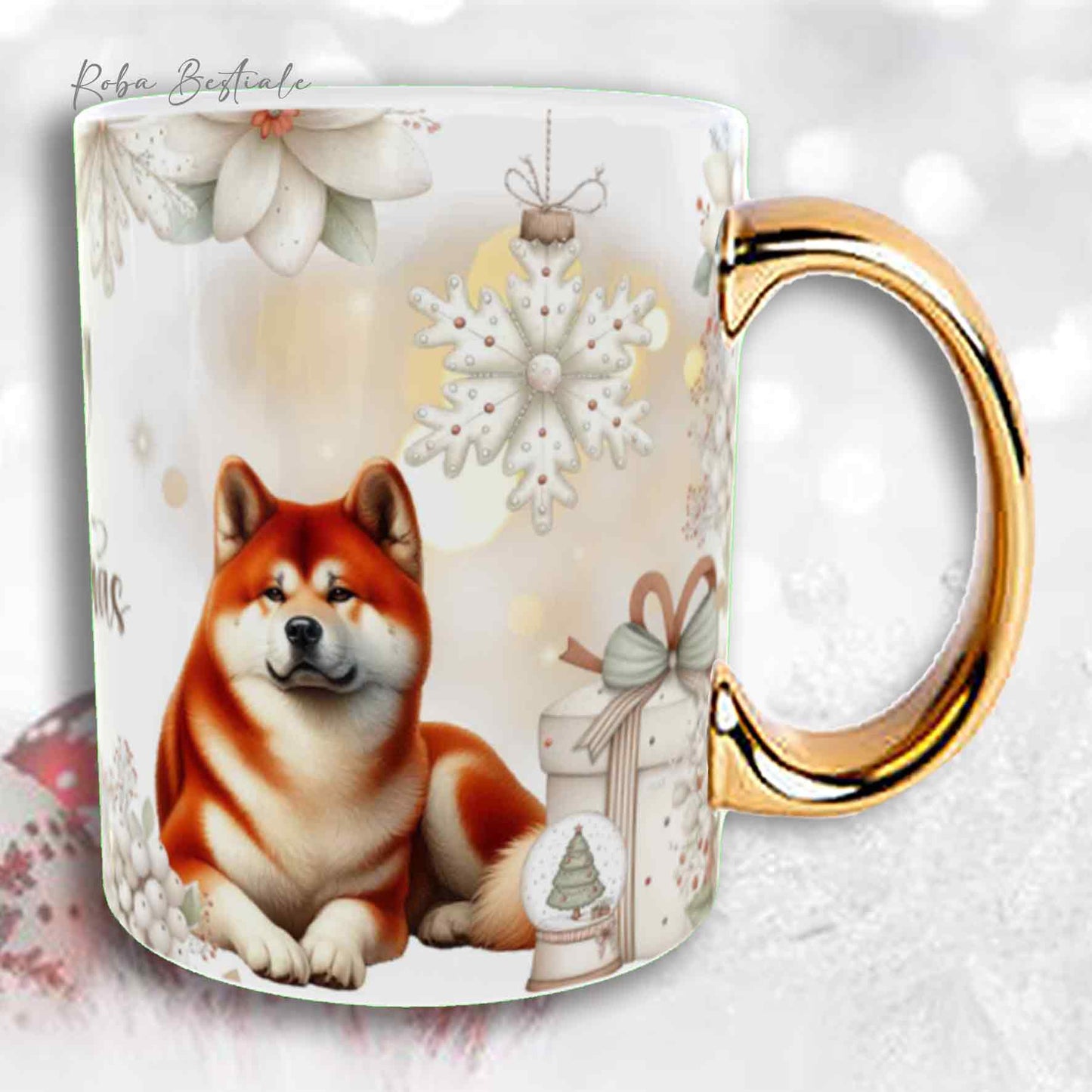 Tazza COZY WINTER - AKITA INU Rosso - In Ceramica, con manico color Oro - 330 ml