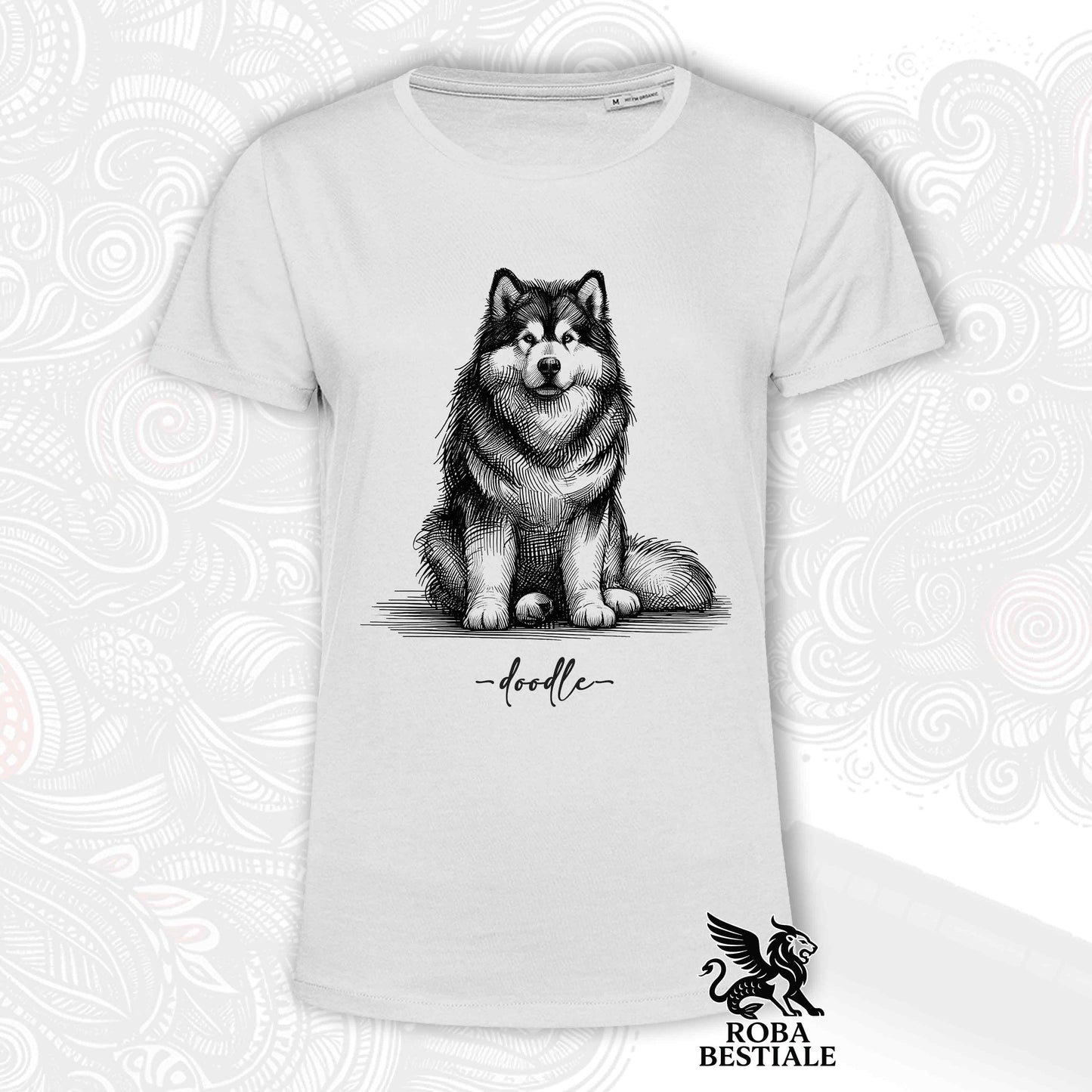T-Shirt DOODLE - ALASKAN MALAMUTE - White or Beige, Men's or Women's - from XS to 5XL
