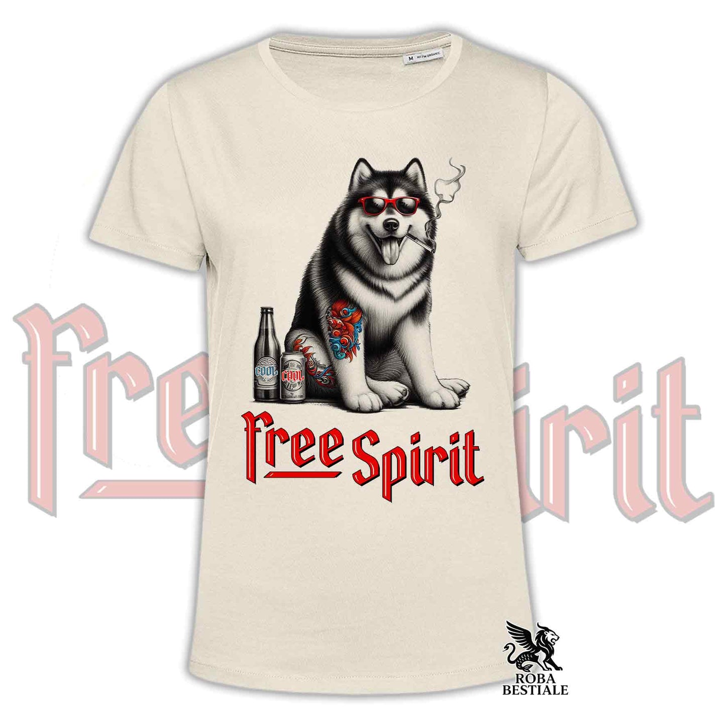 T-Shirt FREE SPIRIT - ALASKAN MALAMUTE - Bianca o Beige, da Uomo o da Donna - dalla XS alla 5XL