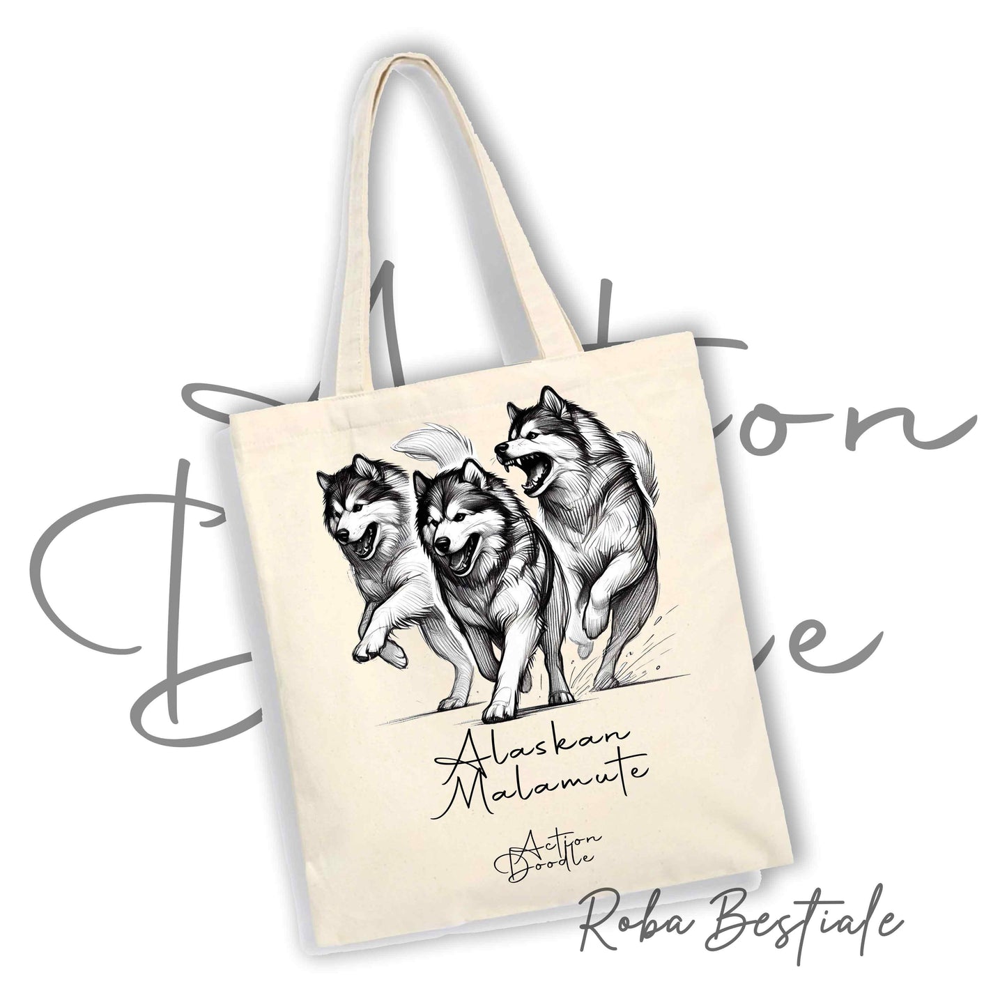 Shopper ACTION DOODLE - ALASKAN MALAMUTE 1 - Diversi colori disponibili, 100% Cotone